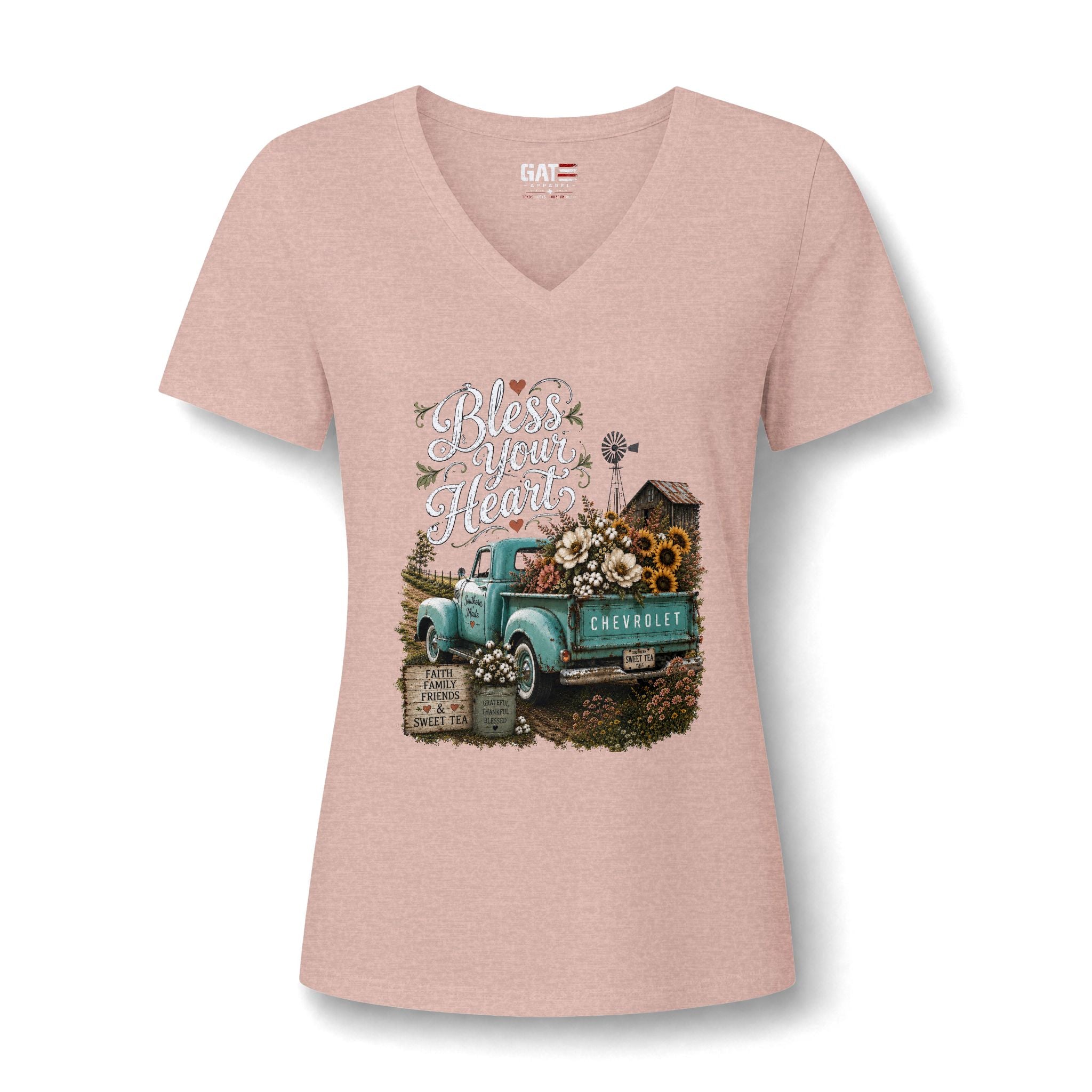 Vintage Blue Truck Sunflower V-Neck Tee — Farmhouse Floral Women's Shirt