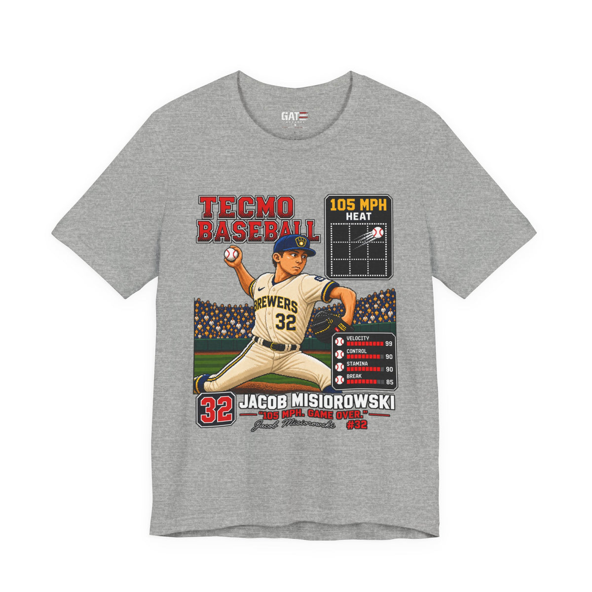 Milwaukee Brewers – Jacob Misiorowski – Tecmo Baseball Pitcher Graphic Tee — #32 Vintage Video Game Style