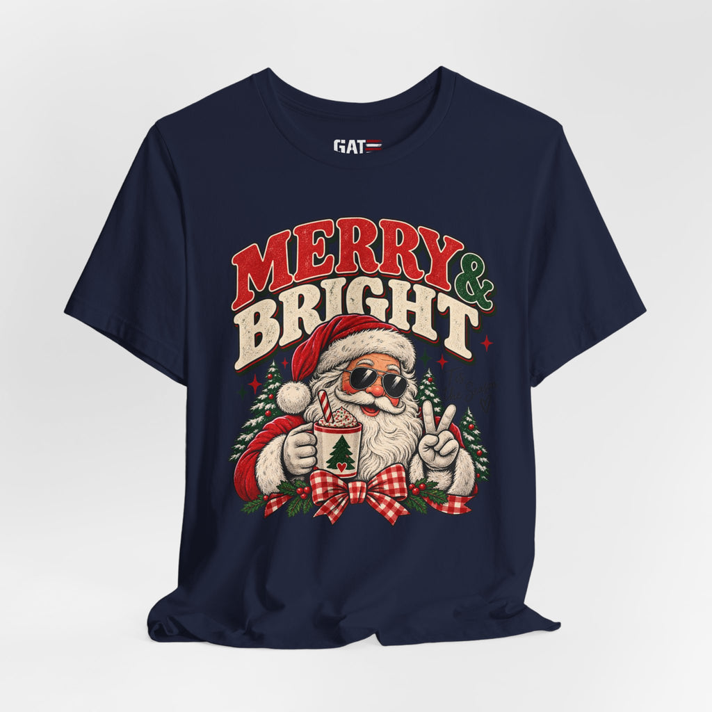 Merry & Bright Santa Tee – Retro Christmas Short Sleeve Shirt