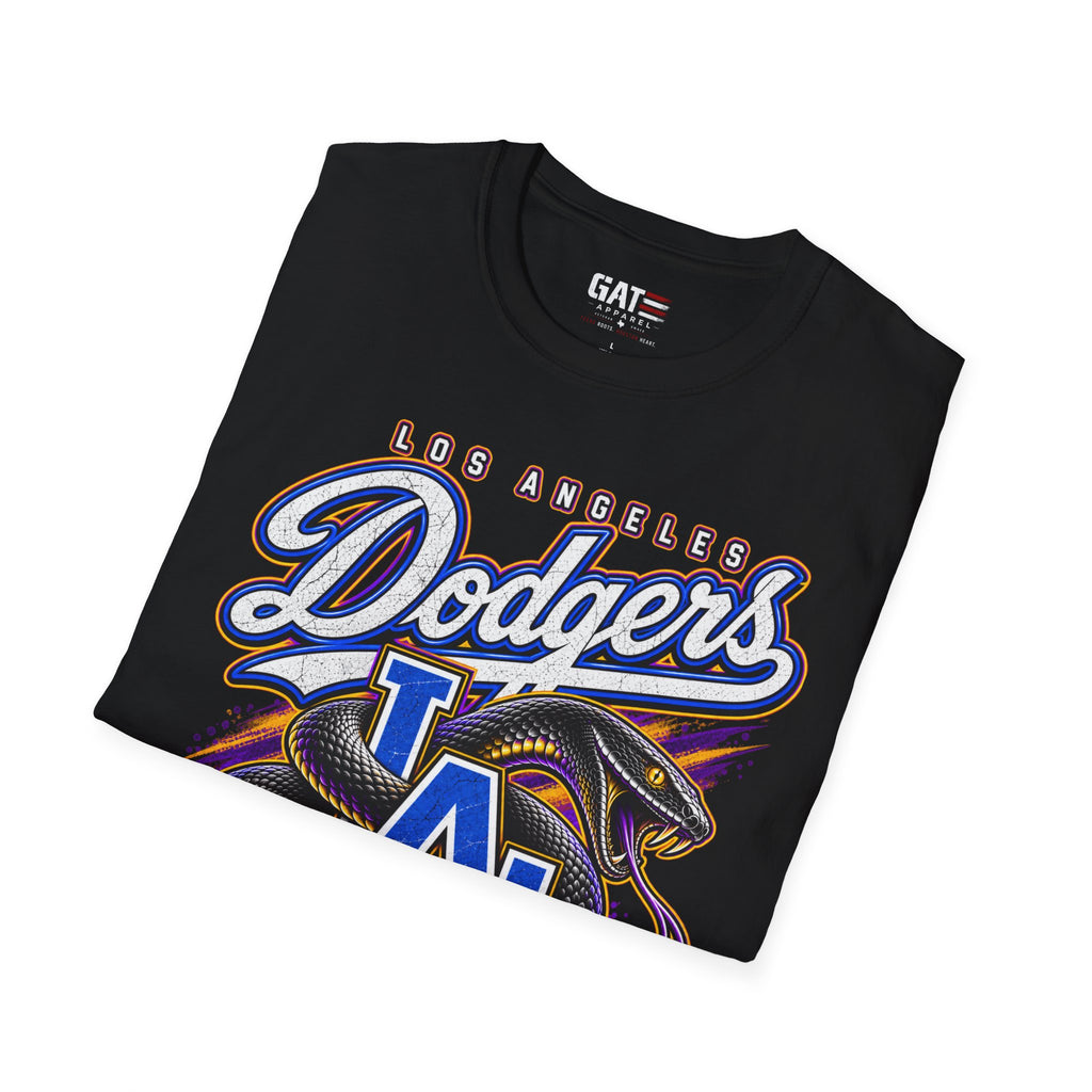 Folded black Kobe Bryant Dodgers LA Black Mamba tribute T-shirt, print close-up