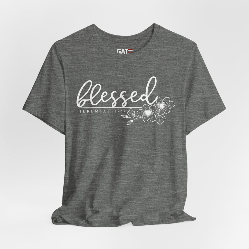 Blessed Floral Tee — 'Blessed' Script T-Shirt with Jeremiah 17:7 Bible Verse