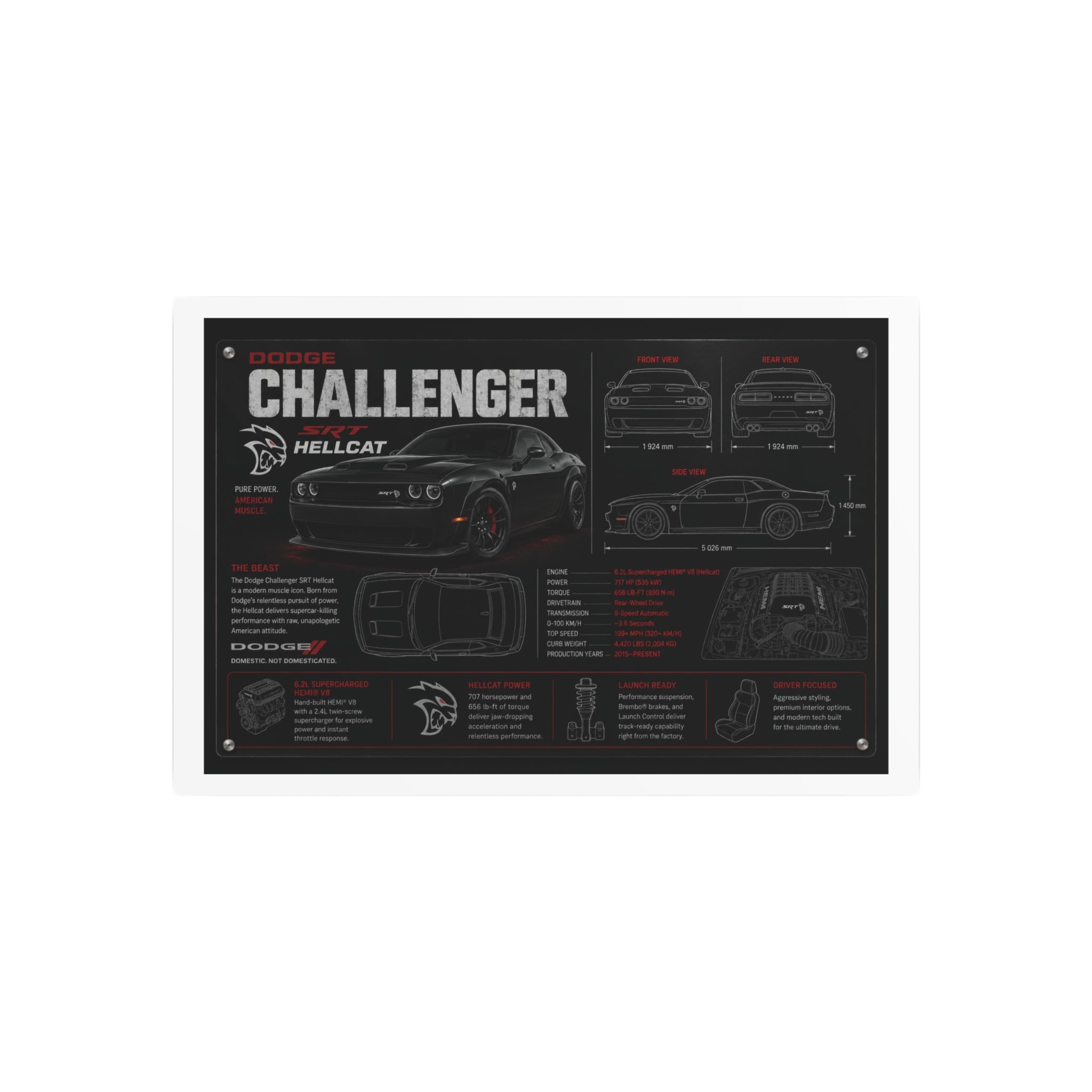 Dodge Challenger Hellcat Blueprint Metal Art Sign – Automotive Garage Poster