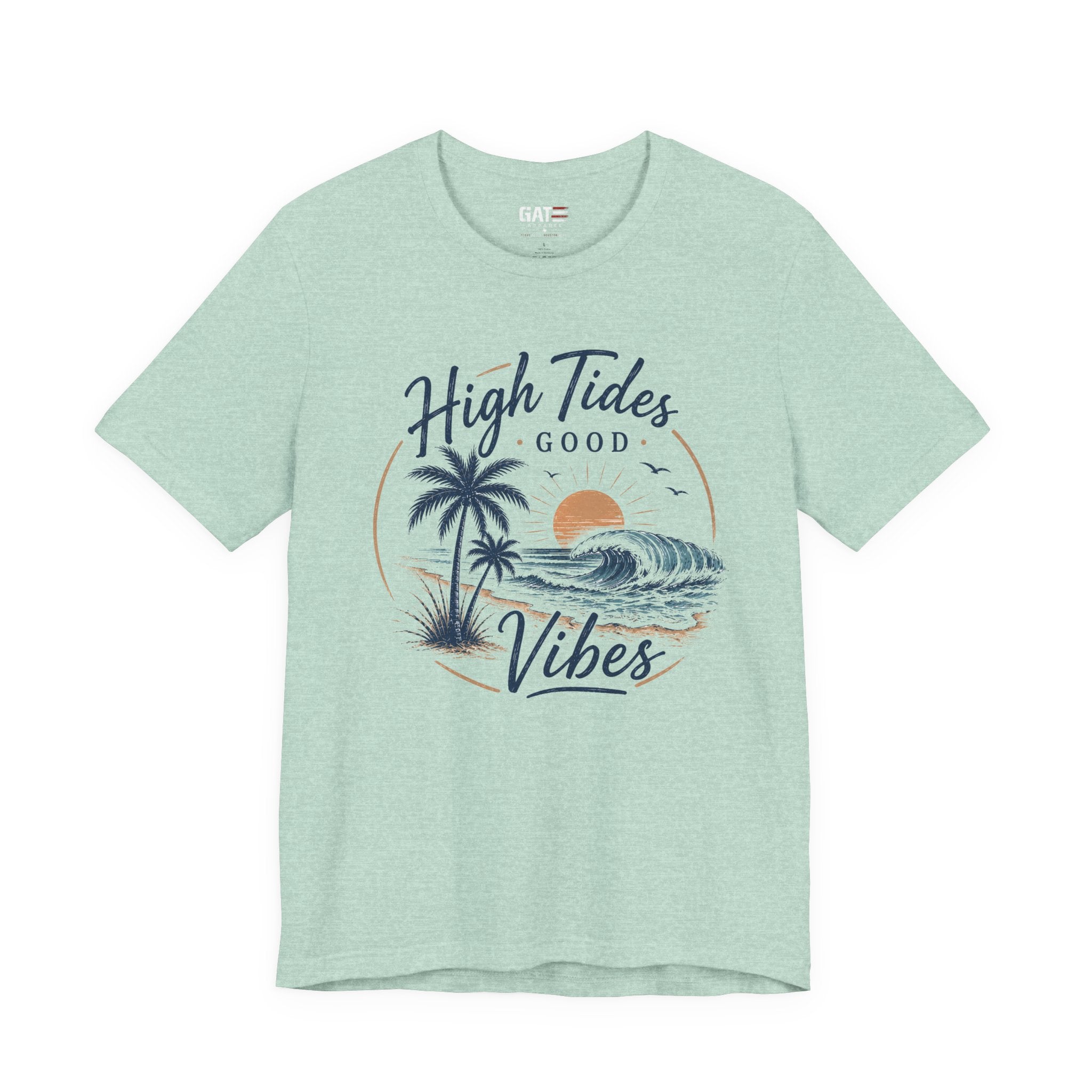 High Tides Good Vibes Beach T-Shirt — Sunset Palm Wave Graphic Tee