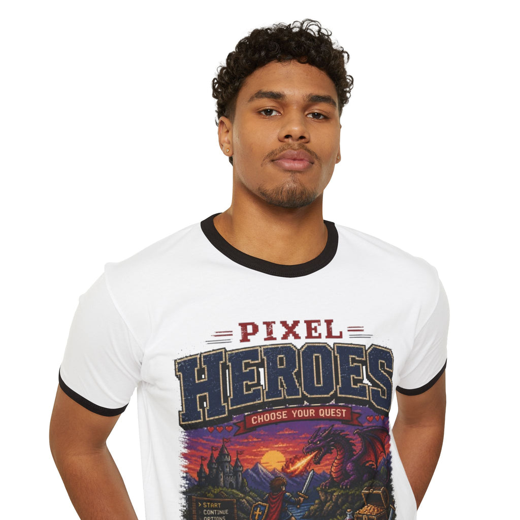 Pixel Heroes Ringer T-Shirt — Retro Video Game Level-Up Graphic Tee