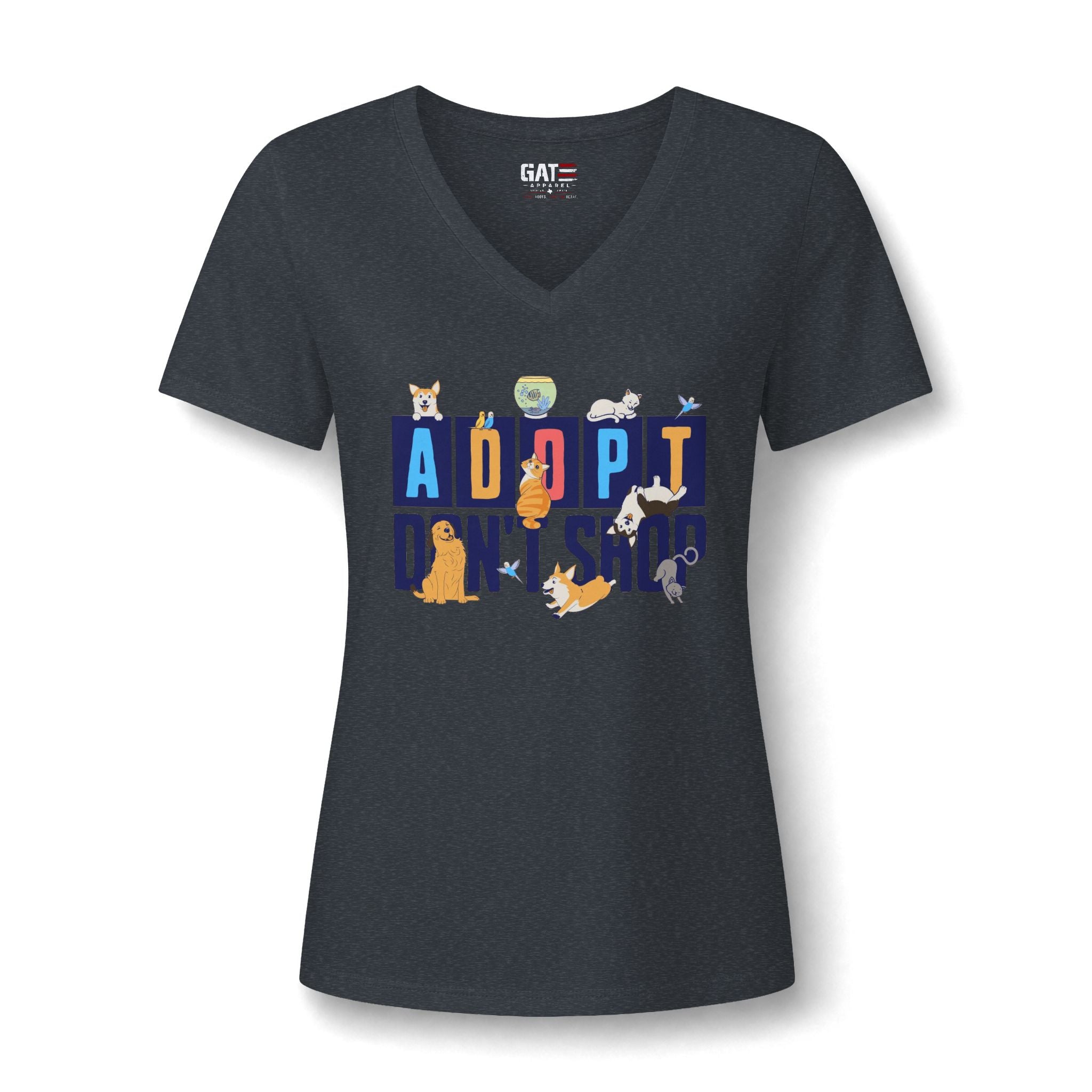 Adopt Don’t Shop V-Neck Tee — Women’s Rescue Pet Adoption Shirt