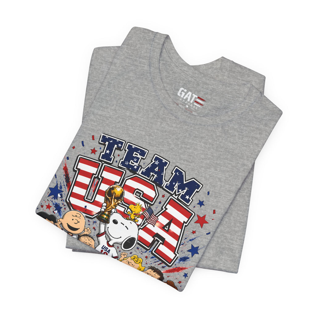 Team USA Soccer Peanuts Gang Shirt Patriotic Snoopy & Friends World Cup Celebration Tee