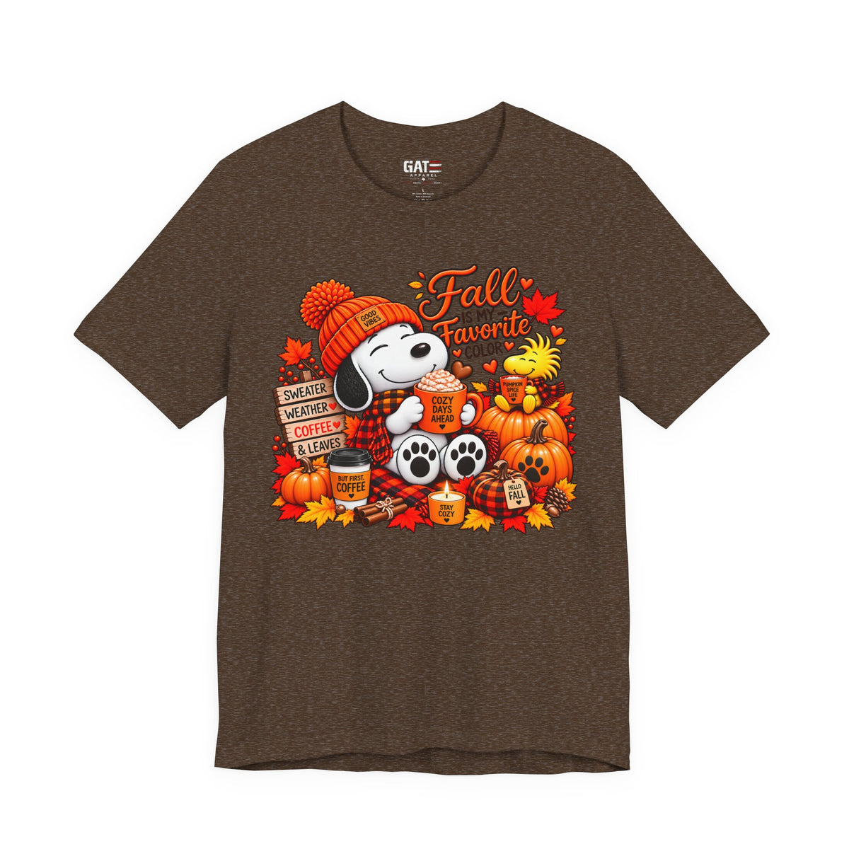 Snoopy Fall Is in the Air pumpkin graphic T-shirt, brown front view