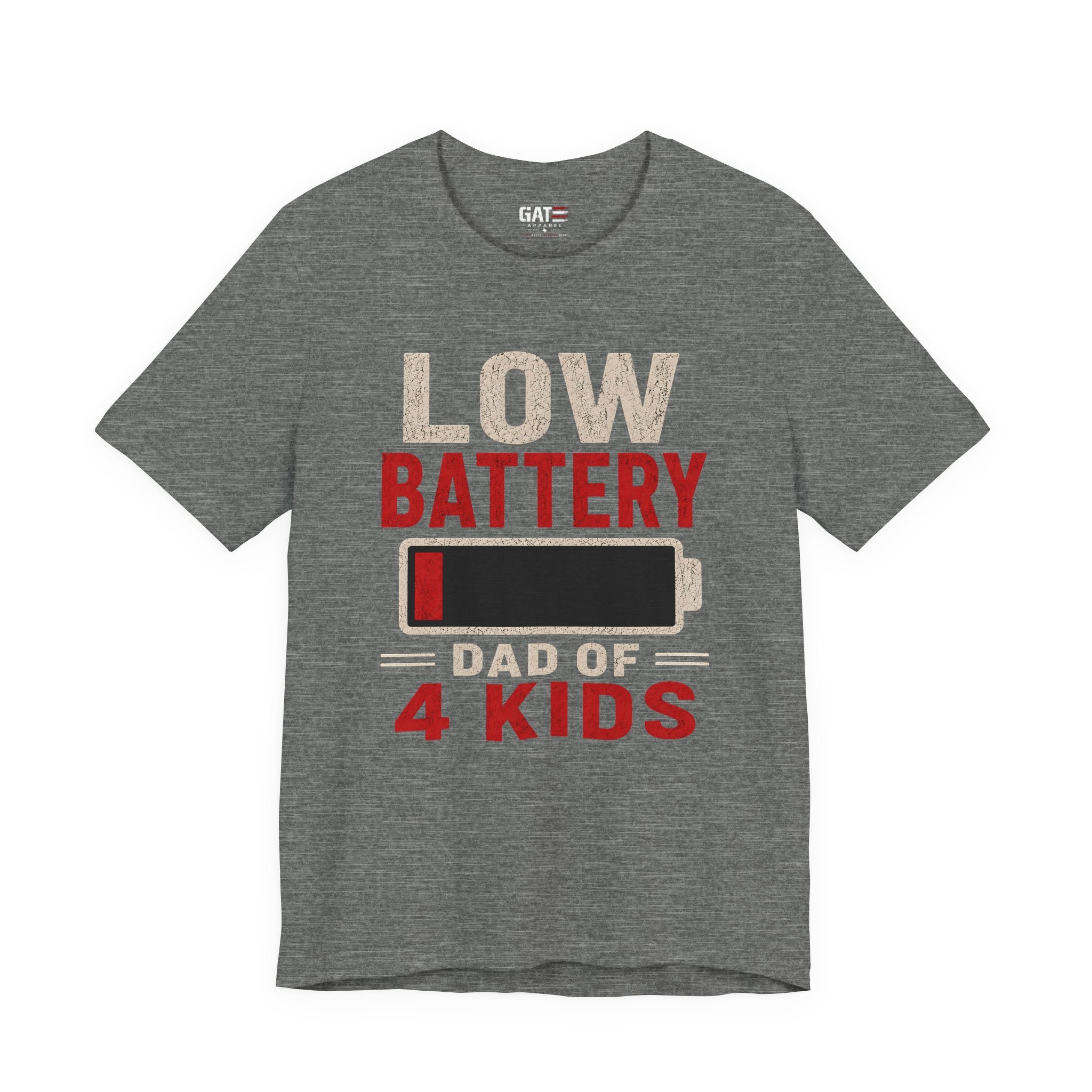 Low Battery Dad of 4 Kids Shirt, Funny Tired Dad Tee, Father of Four Gift, Parenting Humor Shirt, Exhausted Dad Graphic Tee