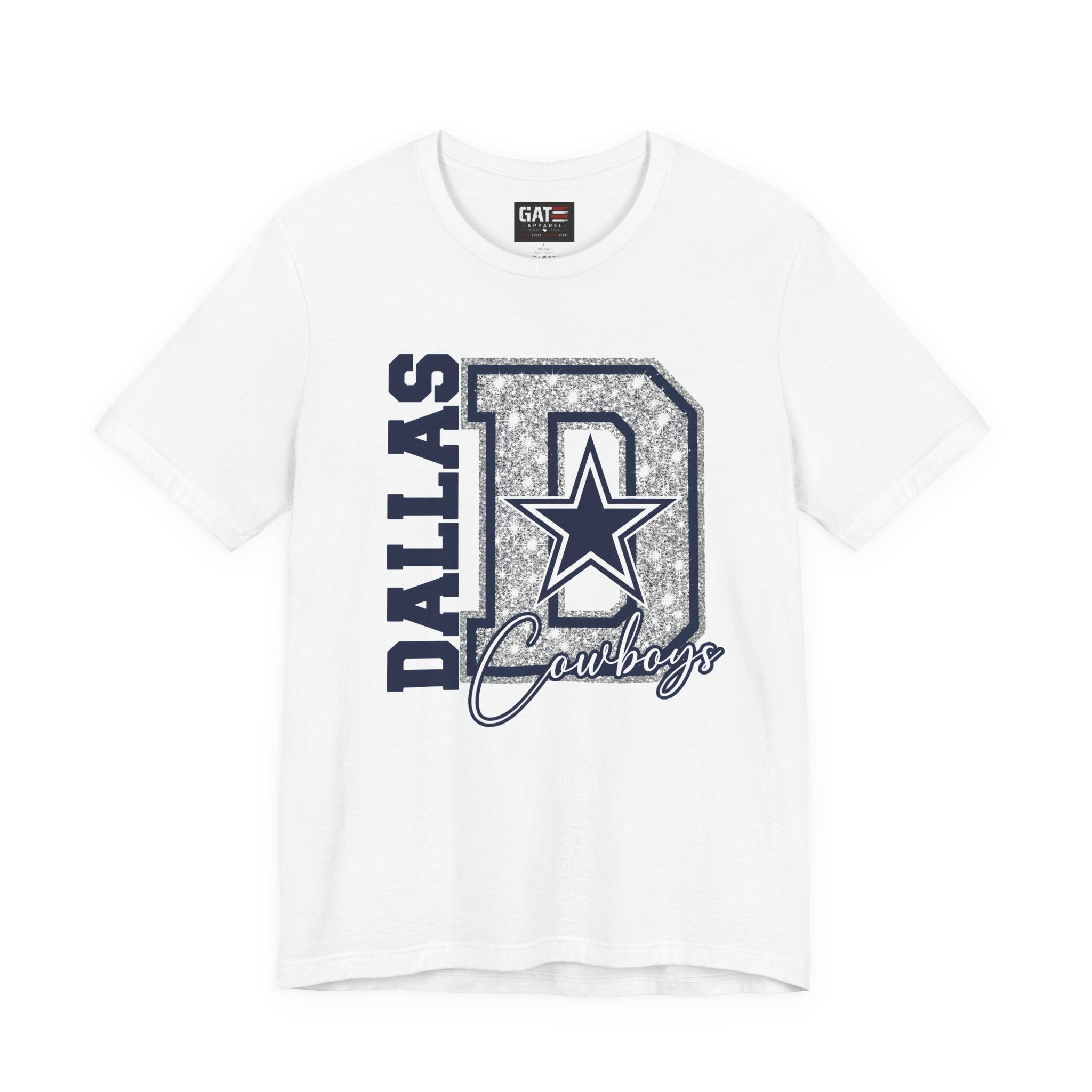 Dallas Football Glitter D Shirt, Blue and Silver Game Day Tee, Western Script Graphic Shirt, Sparkle Fan Apparel