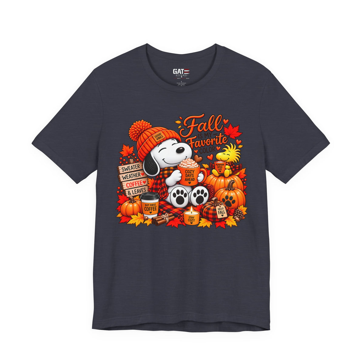 Snoopy Fall Is in the Air pumpkin graphic T-shirt, black front view