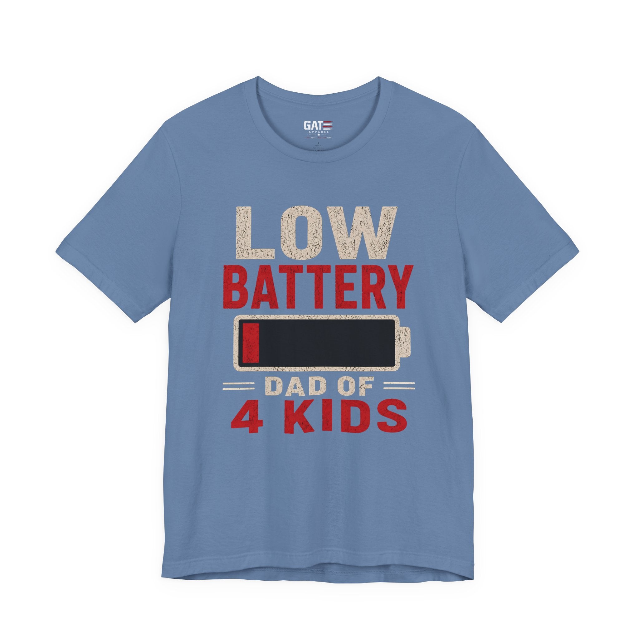 Low Battery Dad of 4 Kids Shirt, Funny Tired Dad Tee, Father of Four Gift, Parenting Humor Shirt, Exhausted Dad Graphic Tee