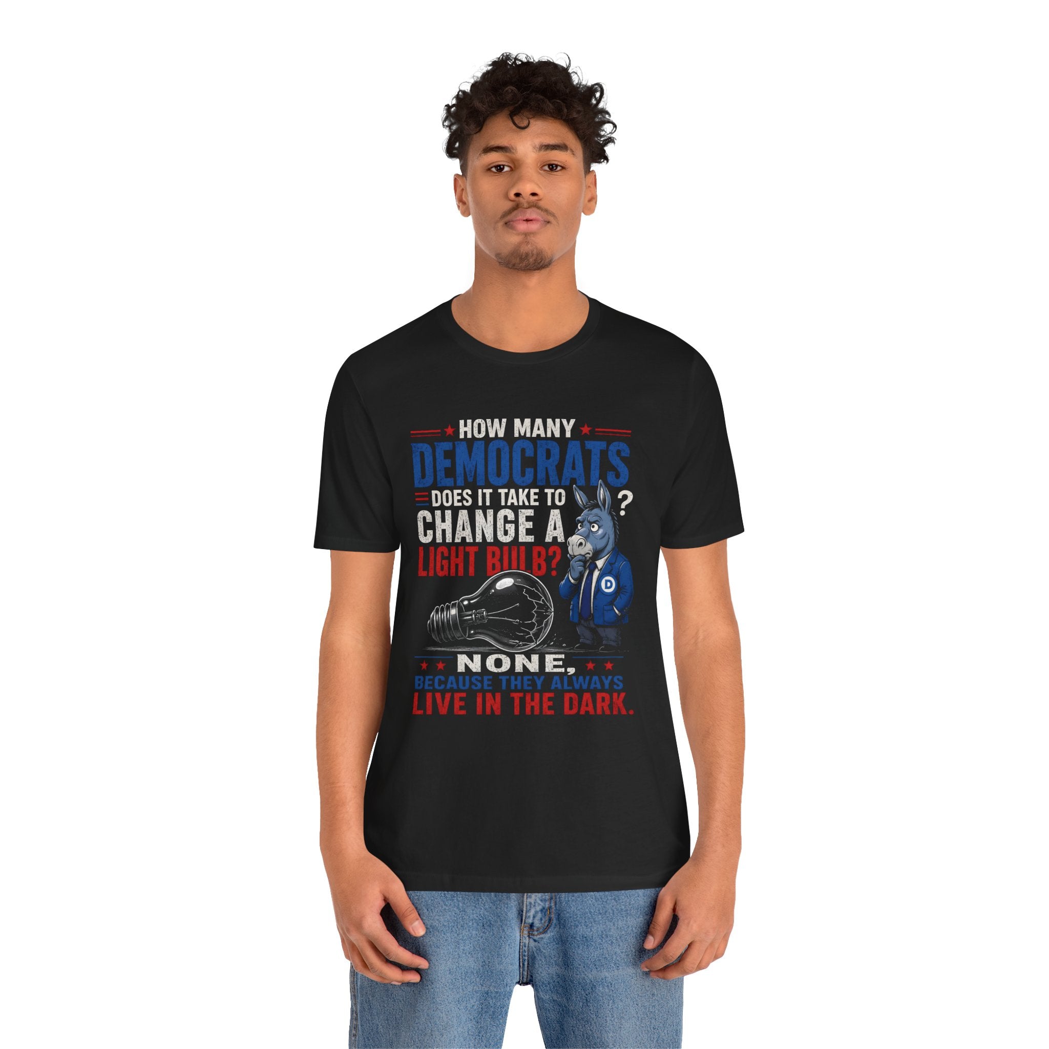 Political Humor T‑Shirt — “How Many Democrats…” Light Bulb Joke Tee