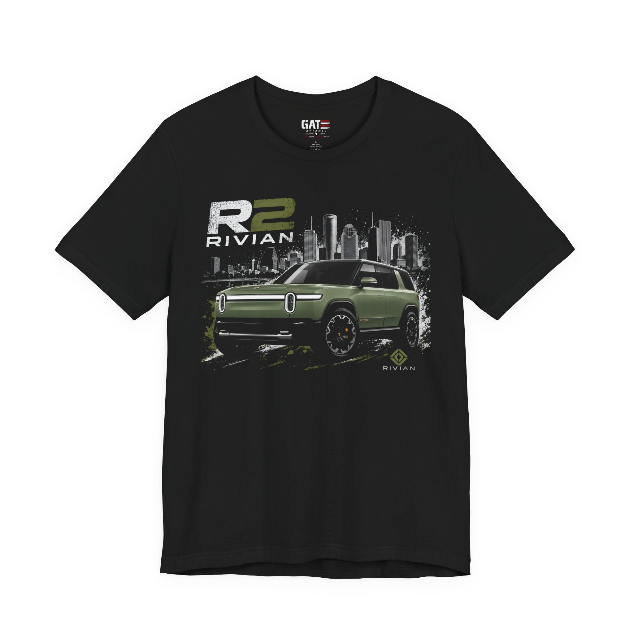 Rivian R2 Electric SUV Graphic Tee — Green R2 Cityscape T‑Shirt