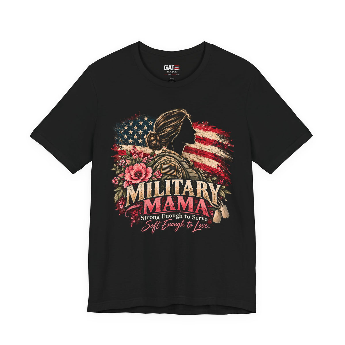 Military Mama Tee — Patriotic Mom Shirt with American Flag & Floral Combat Design