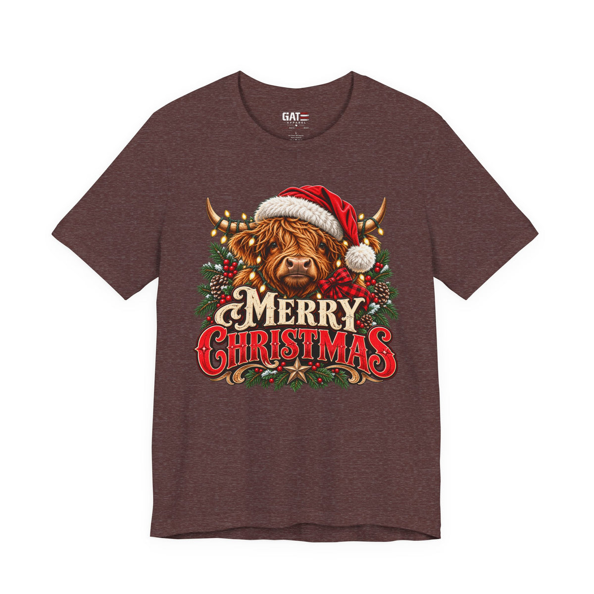 Highland cow Santa hat Merry Christmas graphic T-shirt, brown front view