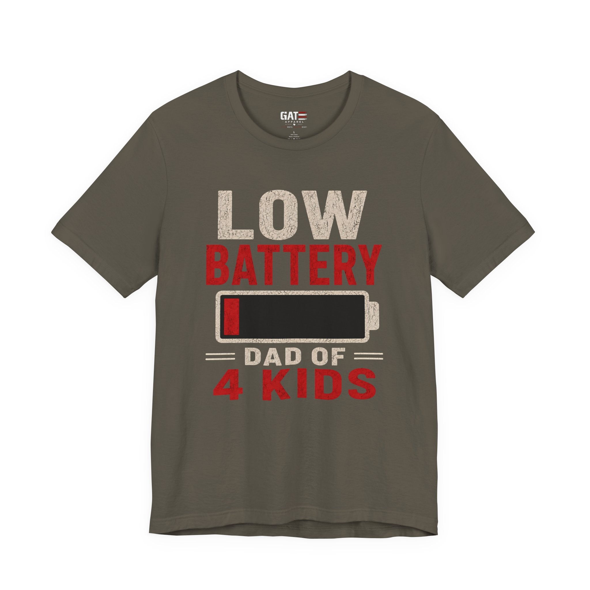 Low Battery Dad of 4 Kids Shirt, Funny Tired Dad Tee, Father of Four Gift, Parenting Humor Shirt, Exhausted Dad Graphic Tee