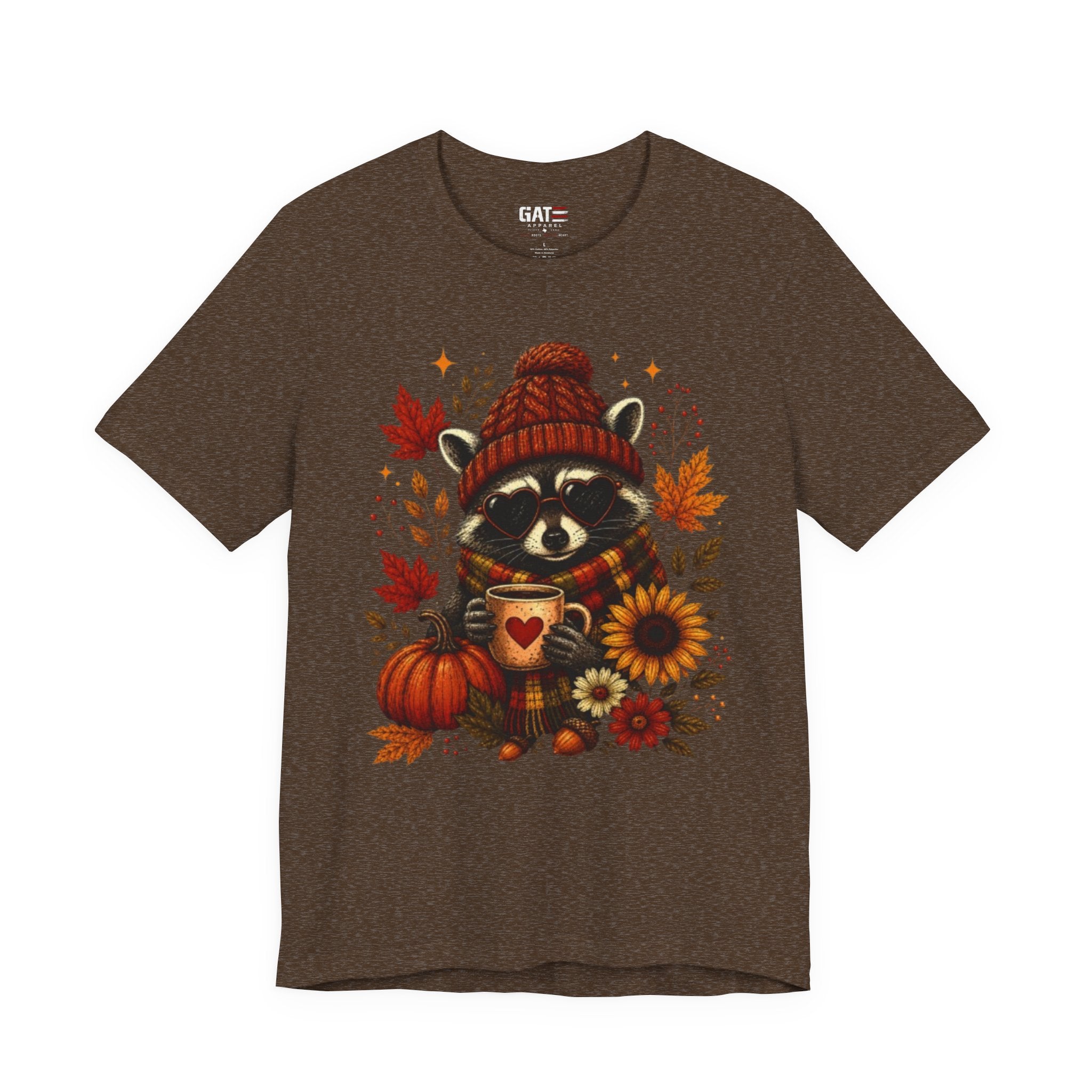 Autumn Cozy Raccoon Tee – Cute Fall Pumpkin & Hot Cocoa Shirt