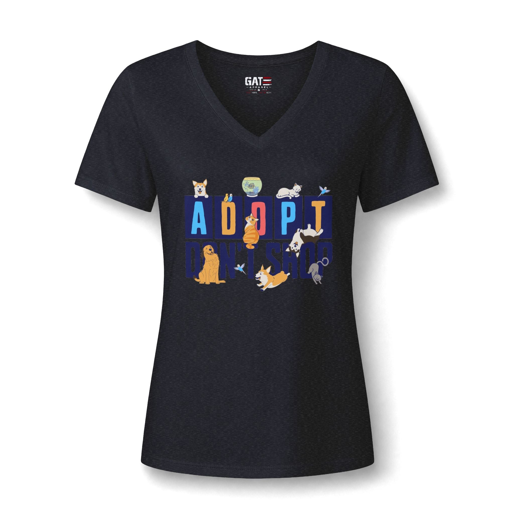 Adopt Don’t Shop V-Neck Tee — Women’s Rescue Pet Adoption Shirt