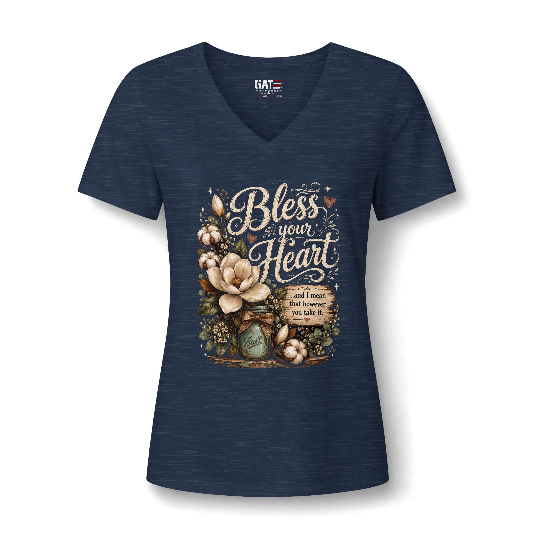 Bless Your Heart V-Neck Tee — Floral Southern Faith Graphic