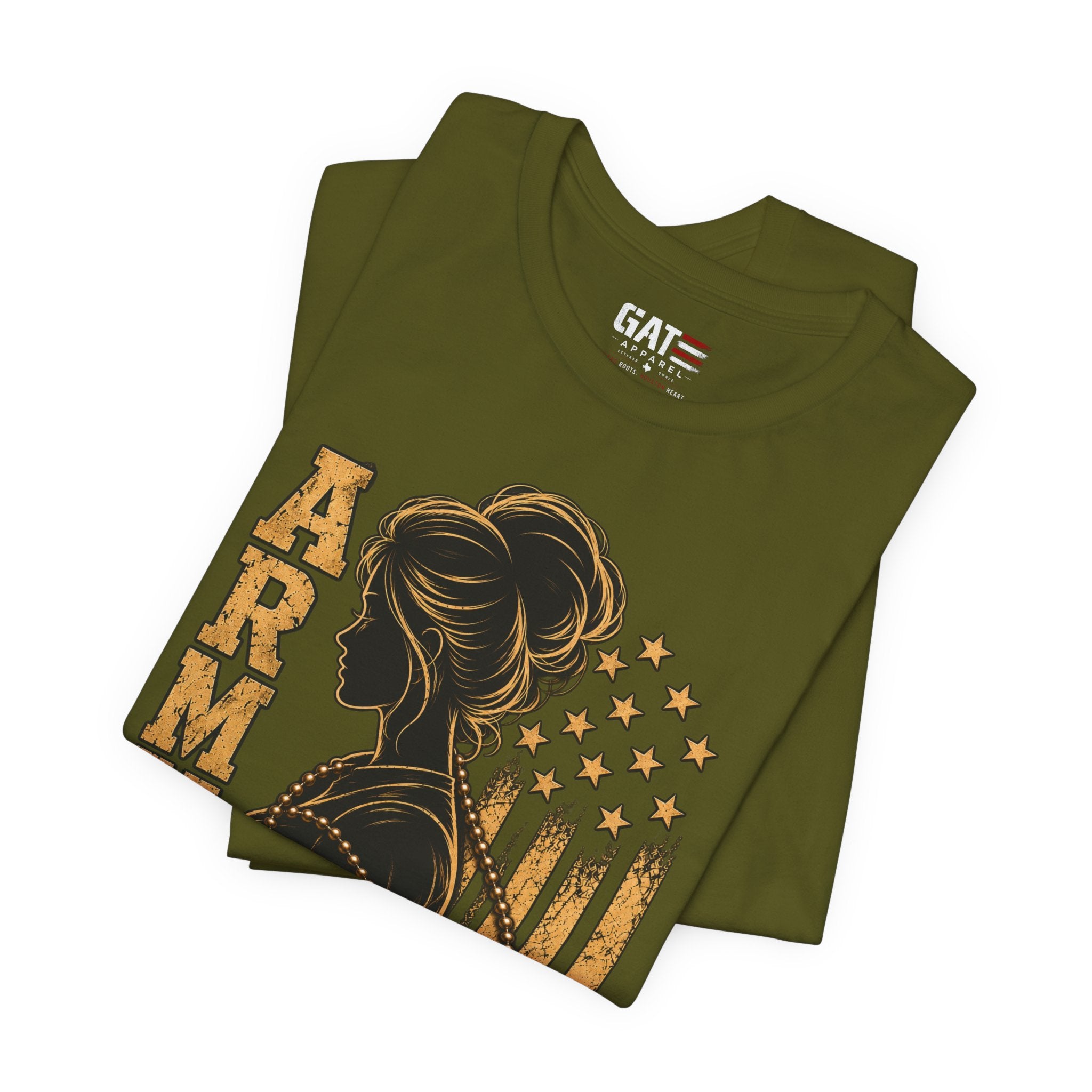 Female Army Vet Tee – Proud Military Mom Shirt with Dog Tags & American Flag