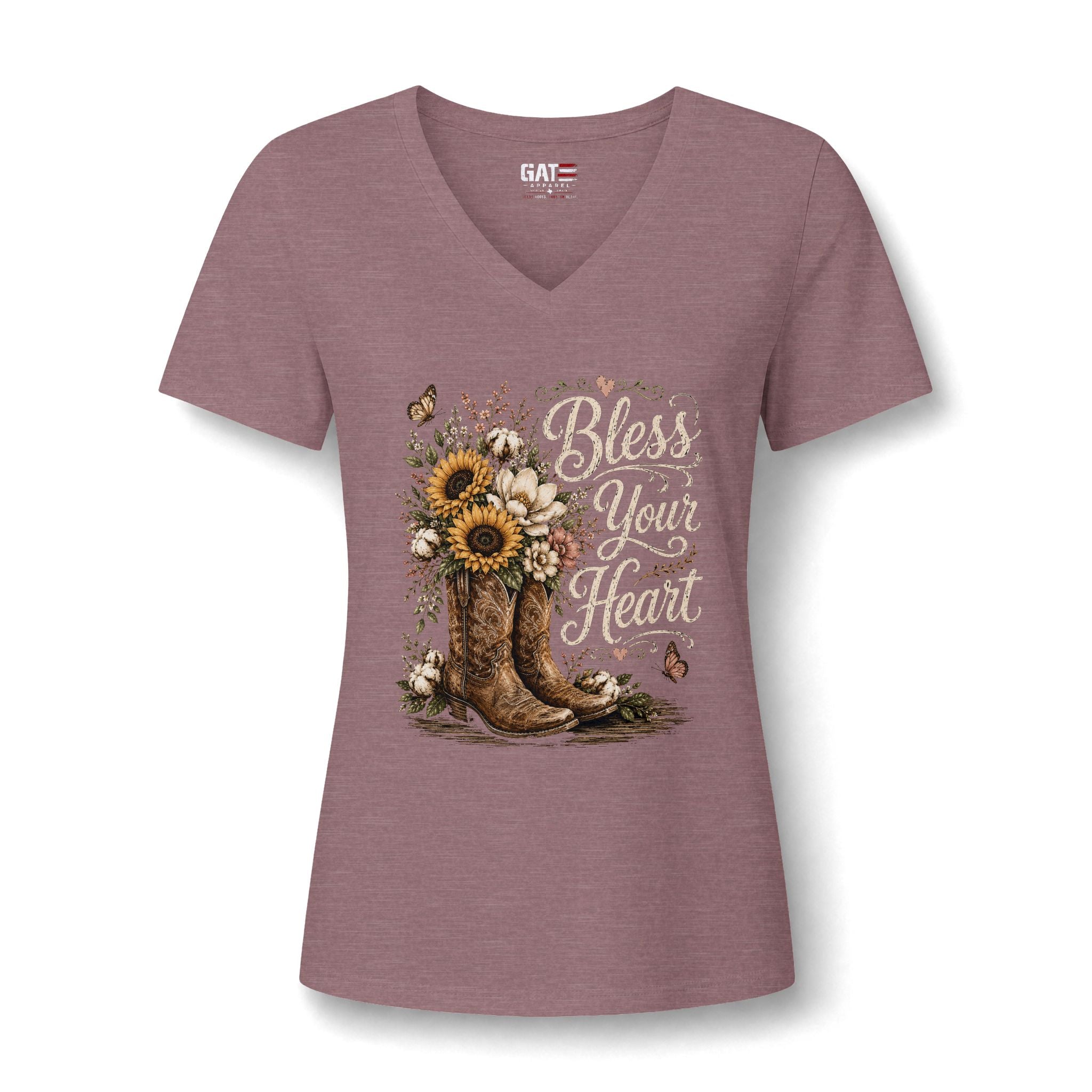 Bless Your Heart V-Neck Tee — Sunflower Cowboy Boot Graphic