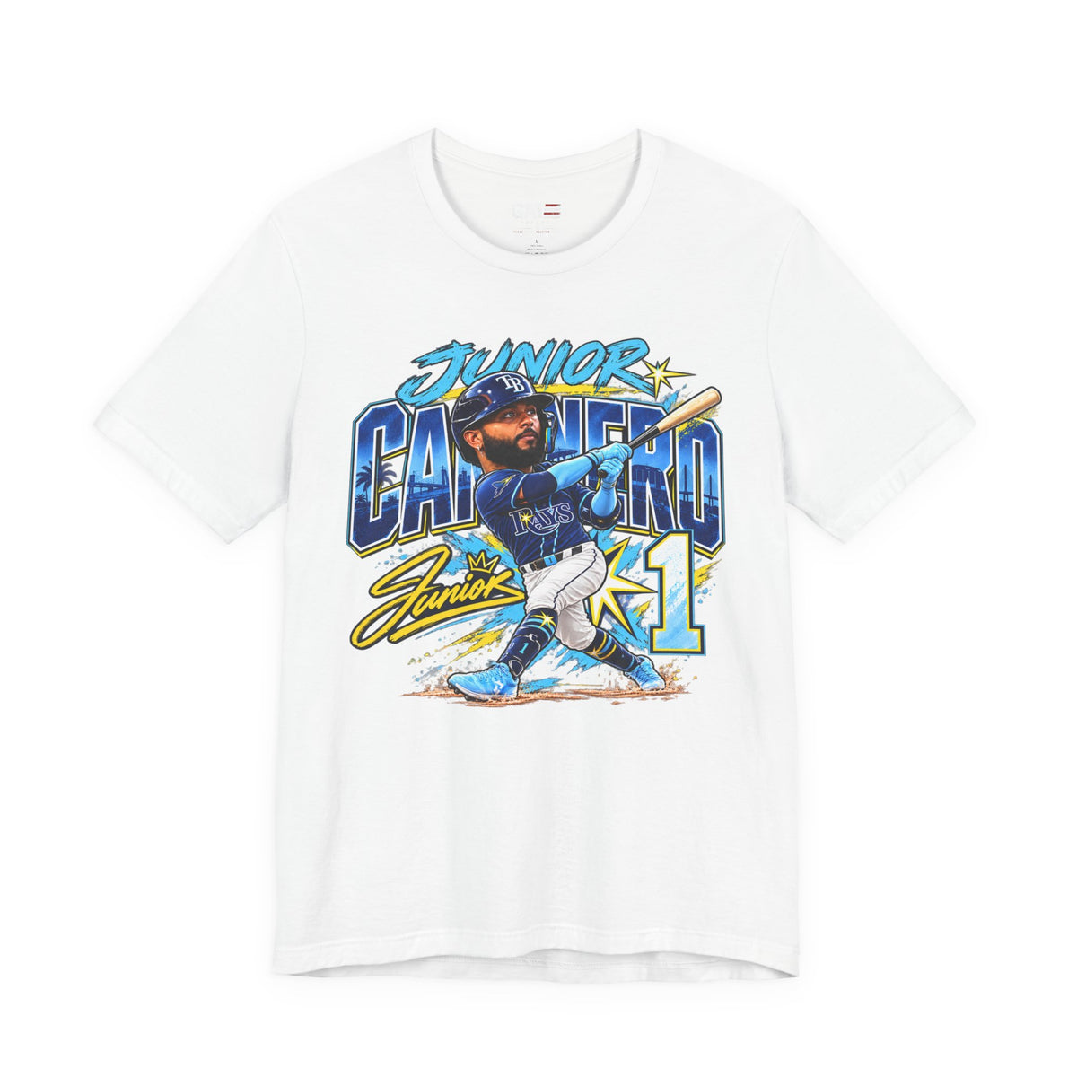 Junior Caminero Rays baseball graphic T-shirt, white front view