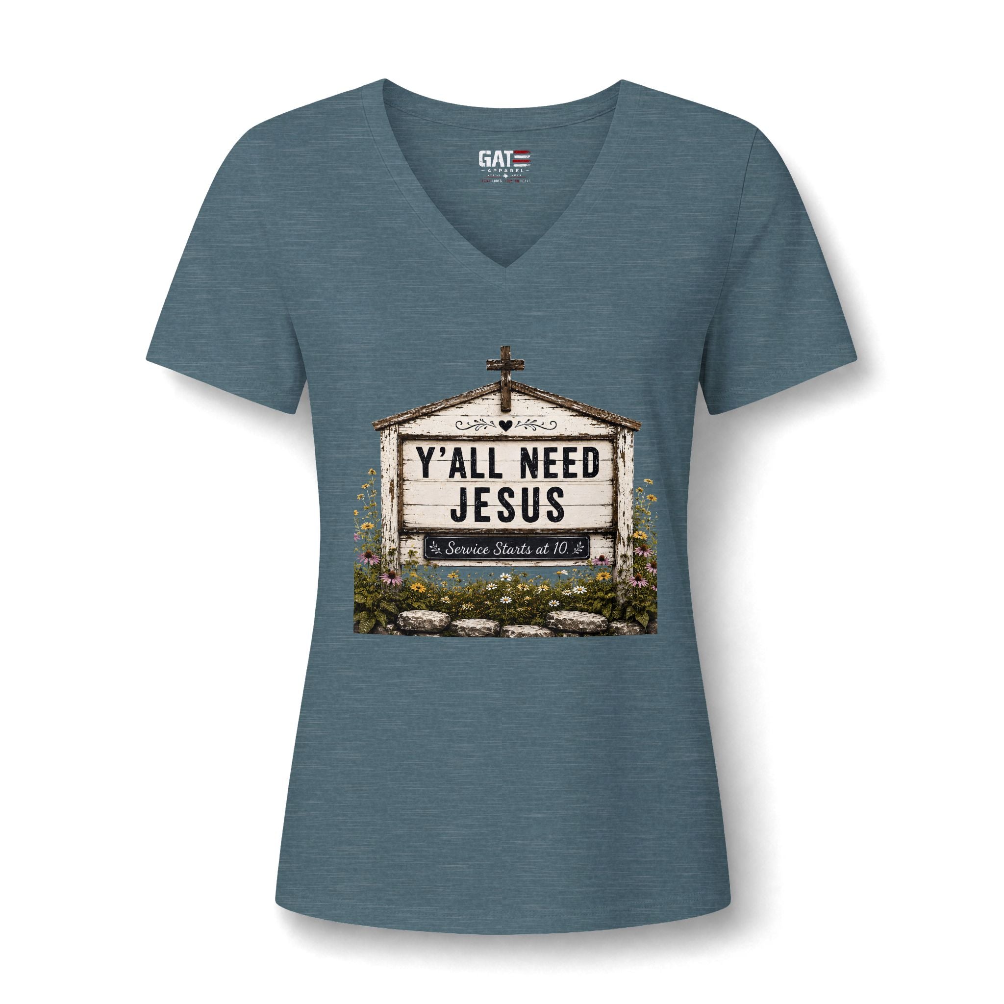 Women's V-Neck Tee - 'Y'all Need Jesus' Church Marquee Faith Shirt