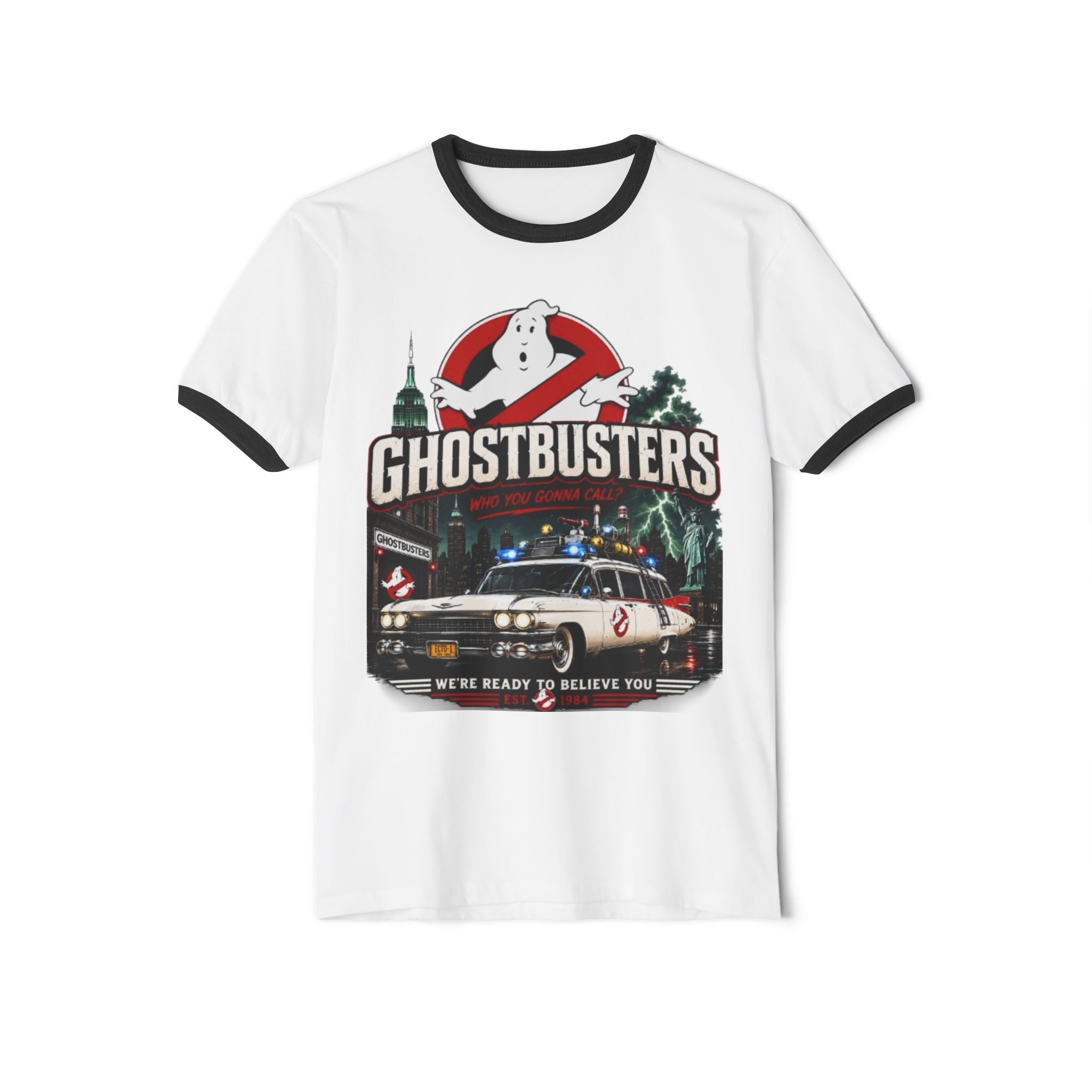 Ghostbusters Vintage Ringer T-Shirt — Ecto-1 Logo "We're Ready to Believe You"