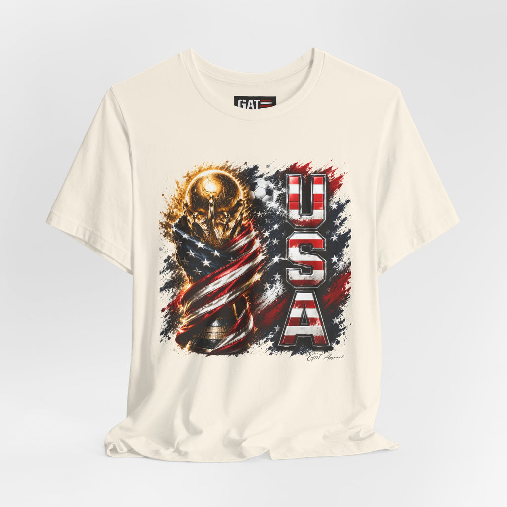 Team USA World Cup Patriotic World Cup Trophy Tee with American Flag & Bold USA Design
