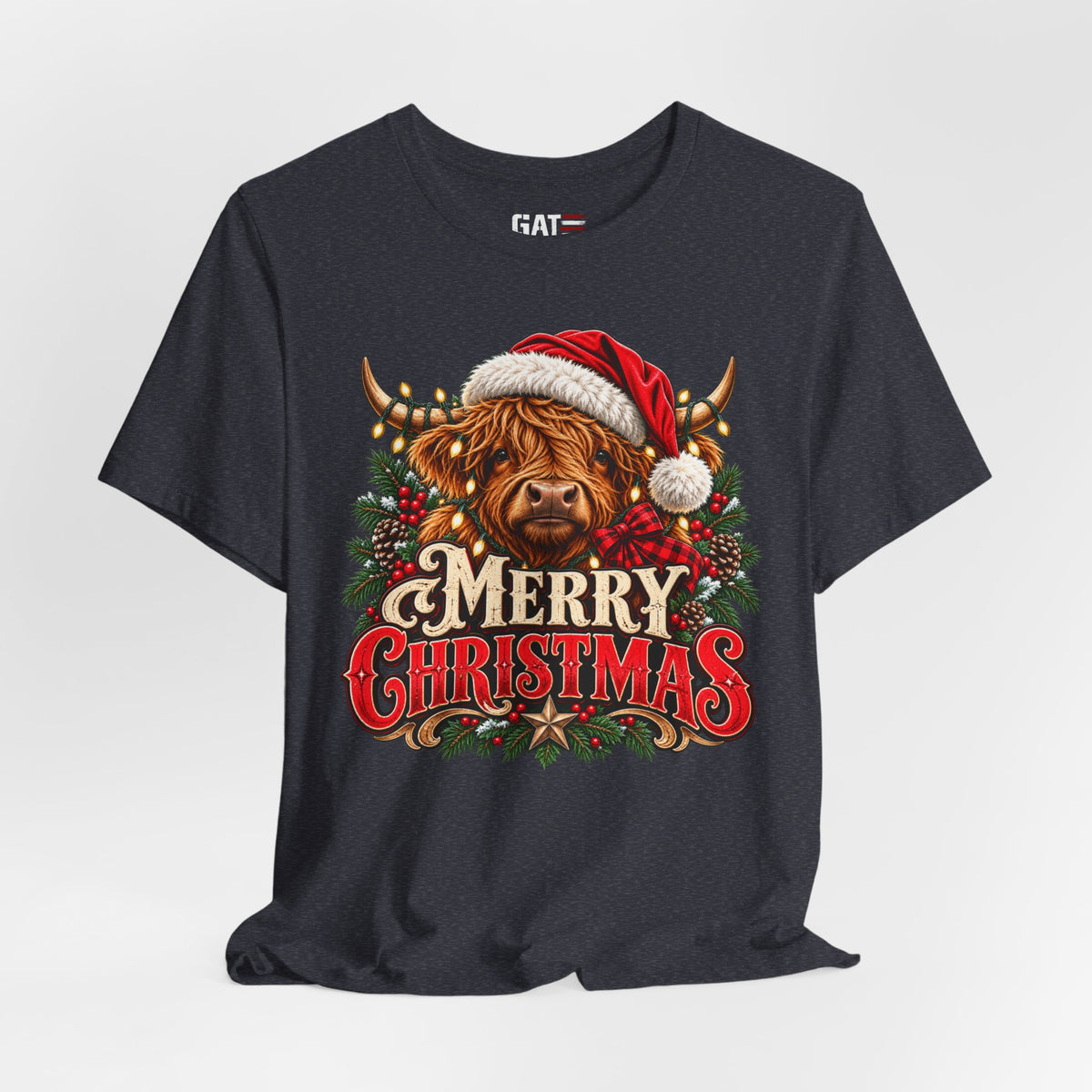 dark grey Highland cow Santa hat Merry Christmas graphic T-shirt, styled front view
