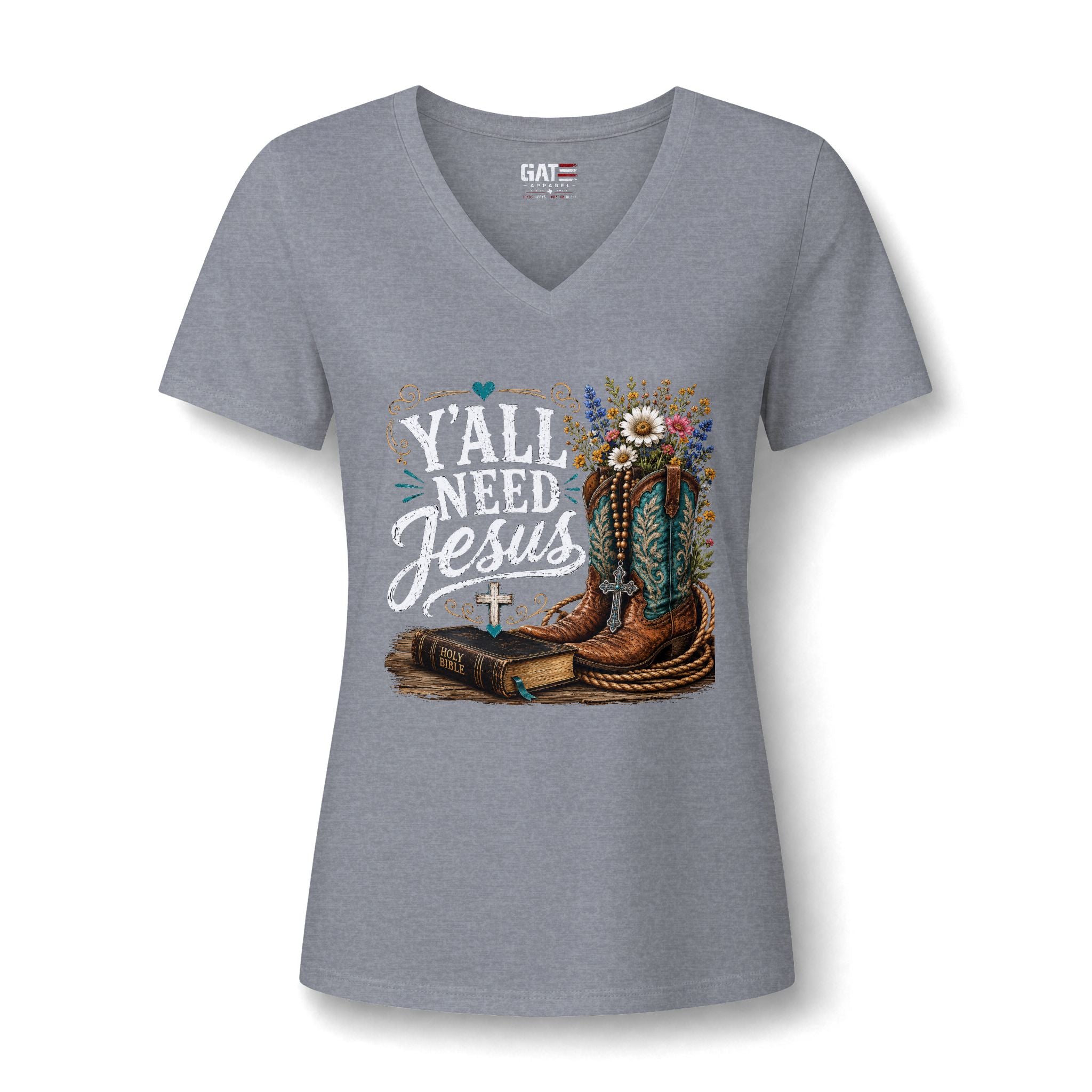 Y'all Need Jesus V-Neck Tee — Floral Cowboy Boots Christian Women's T‑Shirt