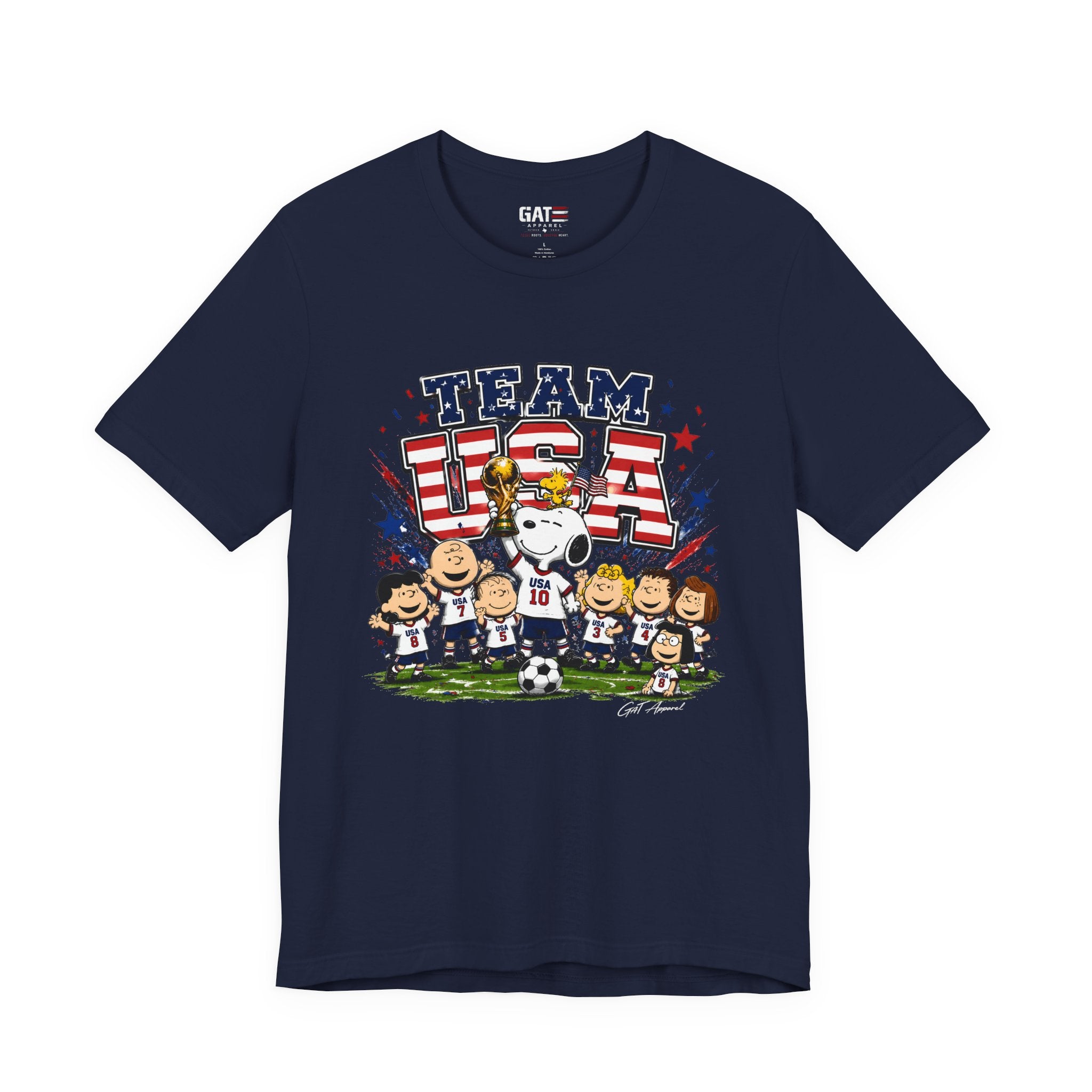 Team USA Soccer Peanuts Gang Shirt Patriotic Snoopy & Friends World Cup Celebration Tee