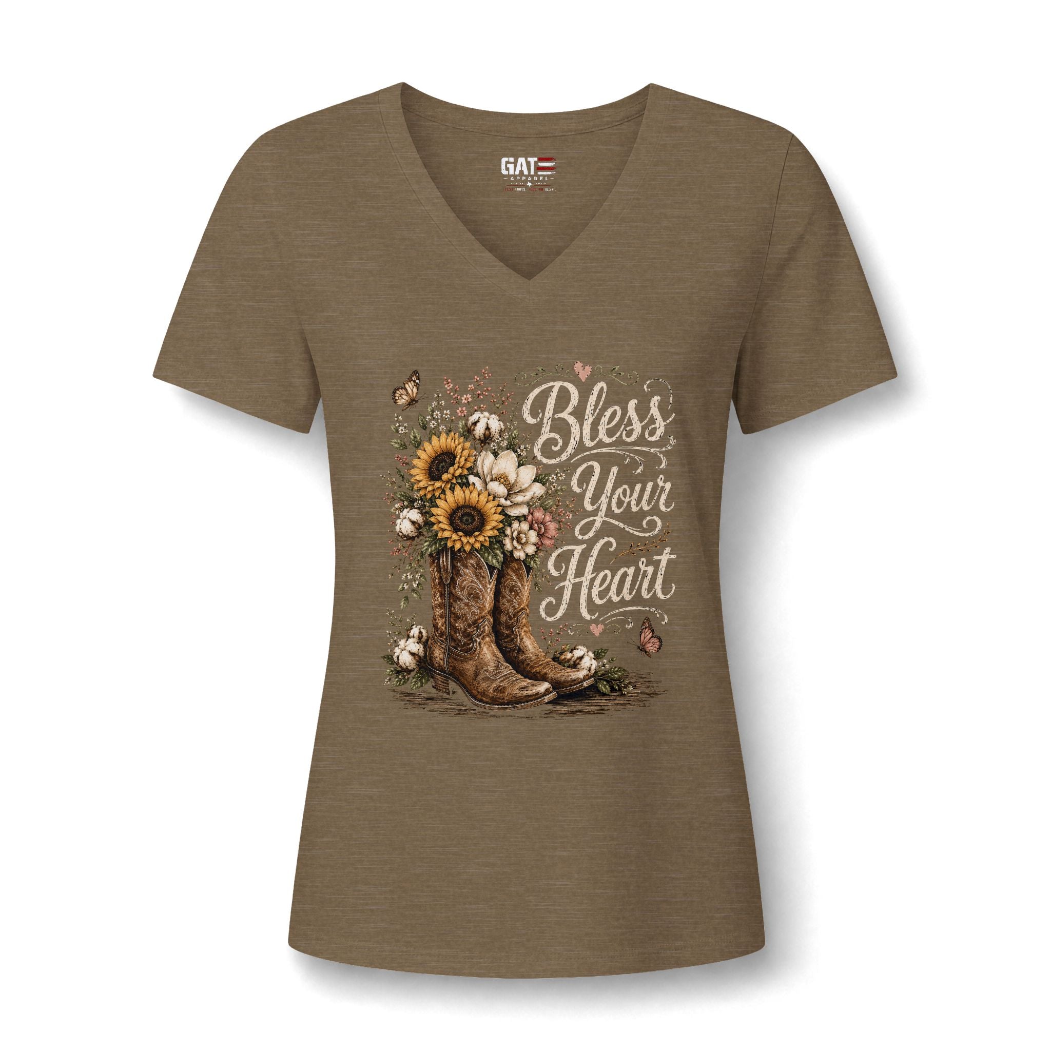 Bless Your Heart V-Neck Tee — Sunflower Cowboy Boot Graphic