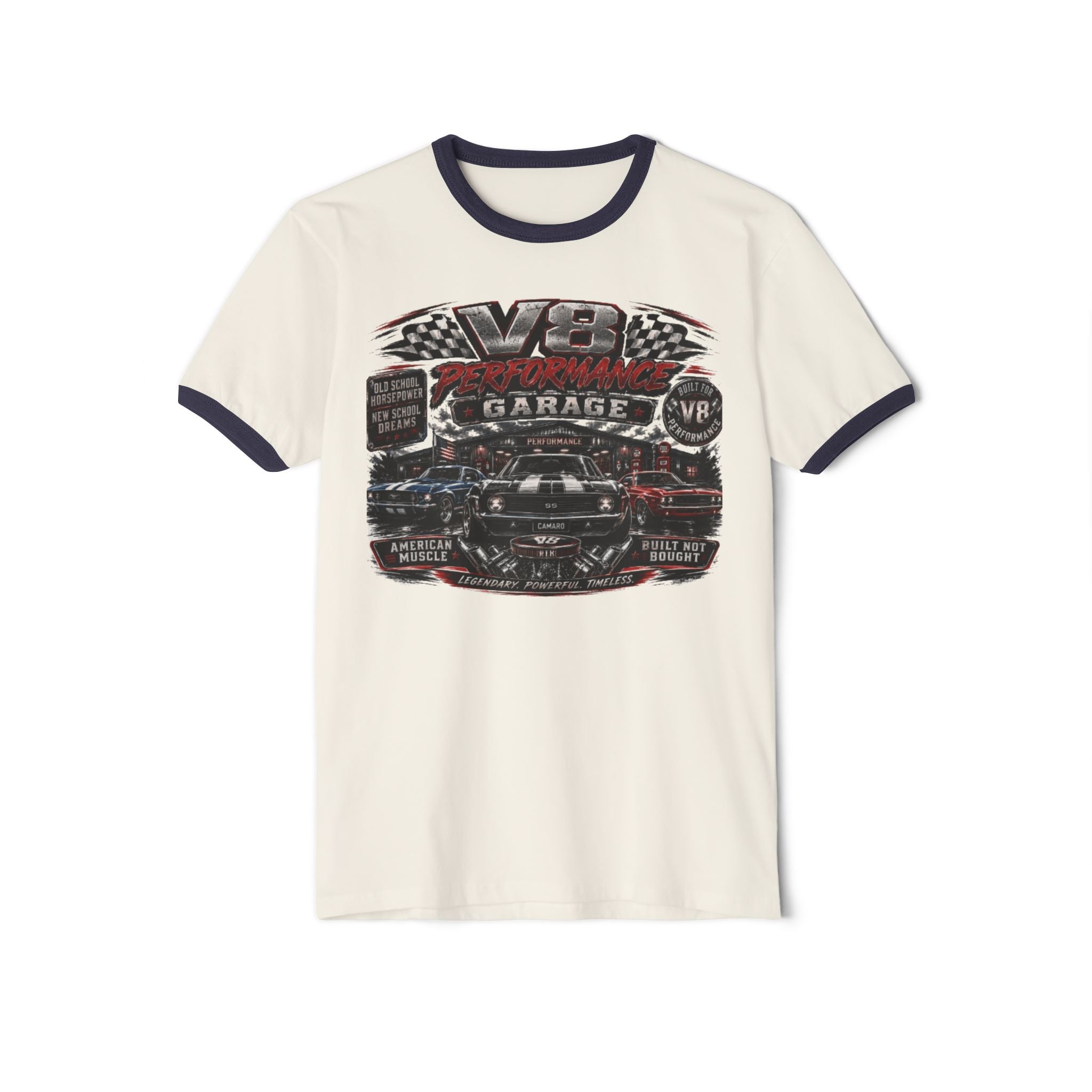 Vintage V8 Garage Ringer Tee – Classic Car Mechanic Shirt