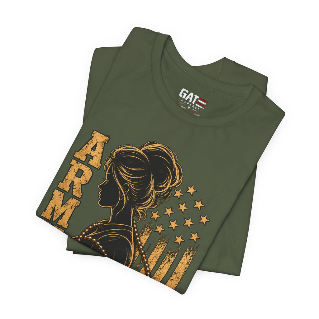 Female Army Vet Tee – Proud Military Mom Shirt with Dog Tags & American Flag