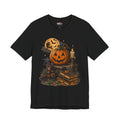 Halloween Pumpkin Stack T‑Shirt — Jack‑O‑Lantern, Books & Moon Graphic Tee