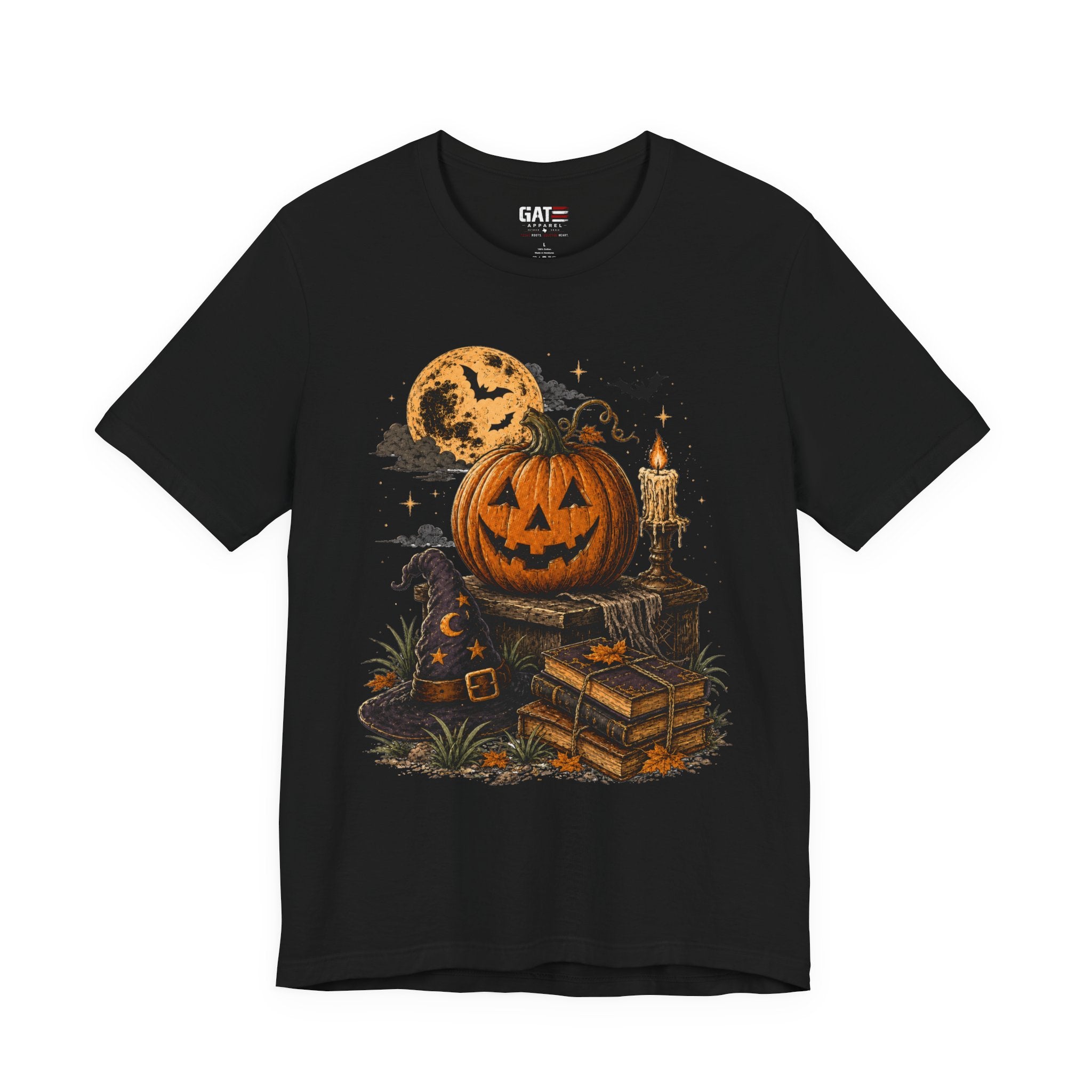 Halloween Pumpkin Stack T‑Shirt — Jack‑O‑Lantern, Books & Moon Graphic Tee
