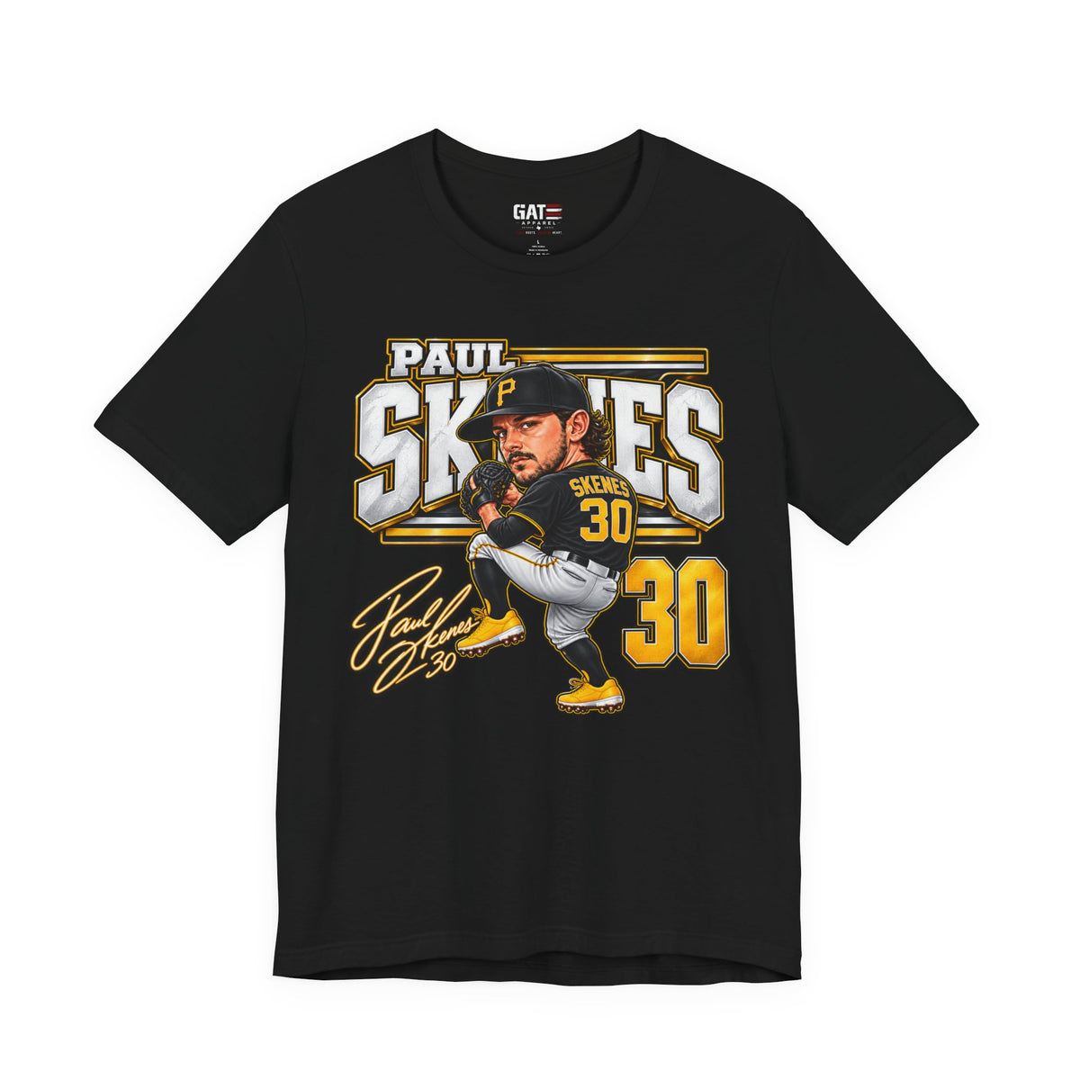 Paul Skenes number 30 Pirates baseball graphic T-shirt, black front view
