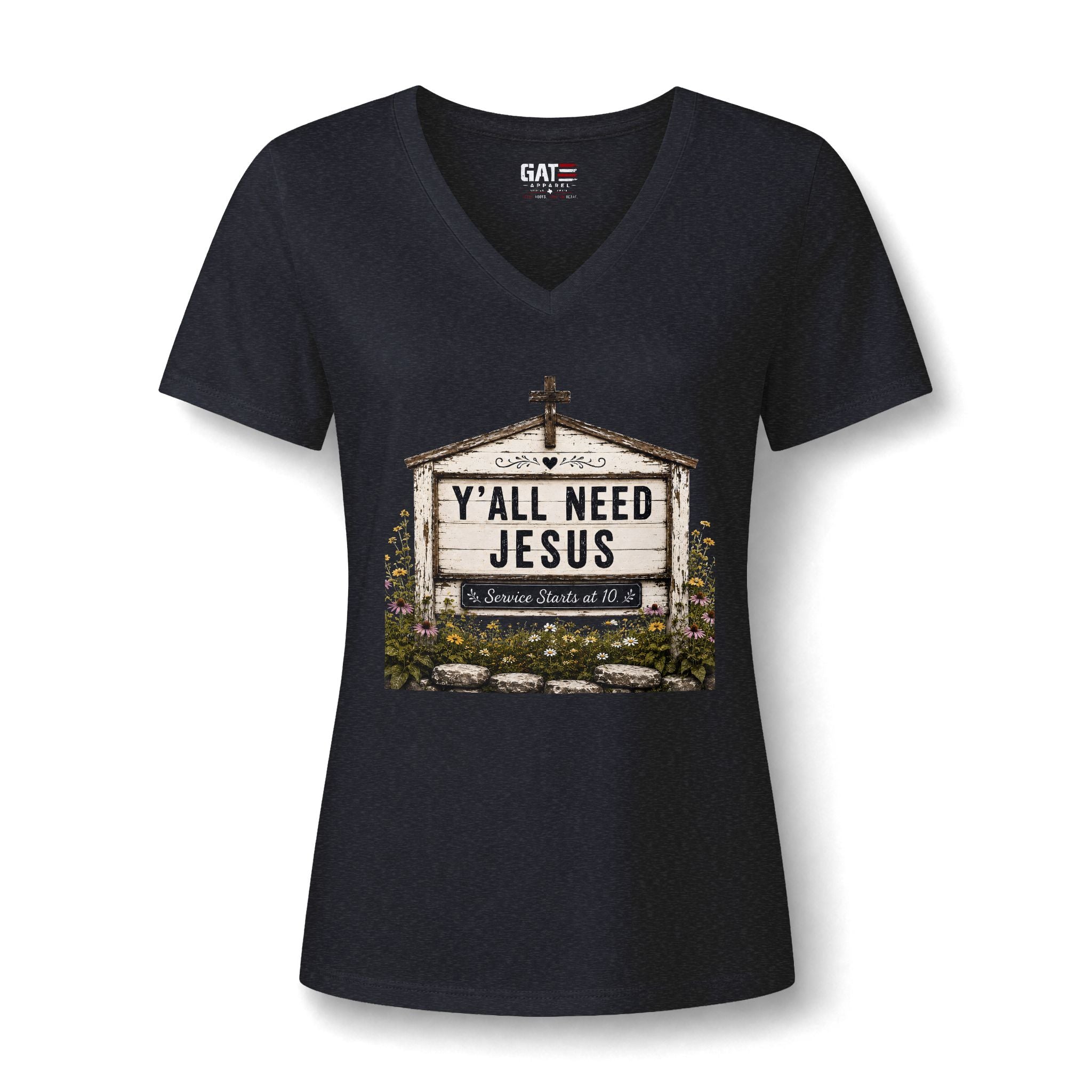 Women's V-Neck Tee - 'Y'all Need Jesus' Church Marquee Faith Shirt