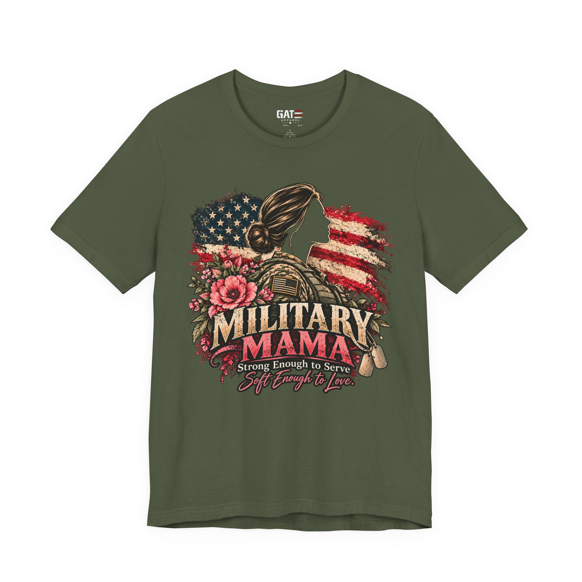Military Mama Tee — Patriotic Mom Shirt with American Flag & Floral Combat Design