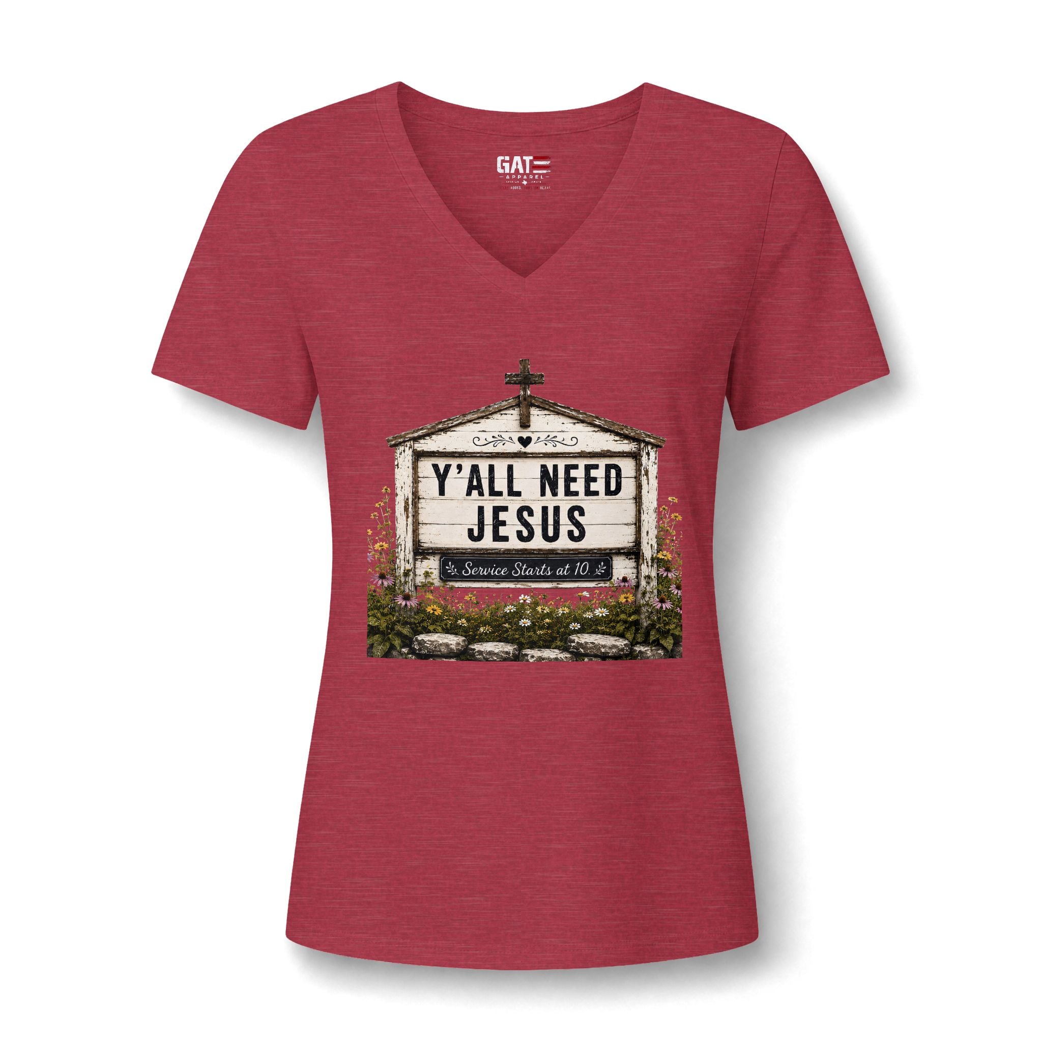 Women's V-Neck Tee - 'Y'all Need Jesus' Church Marquee Faith Shirt