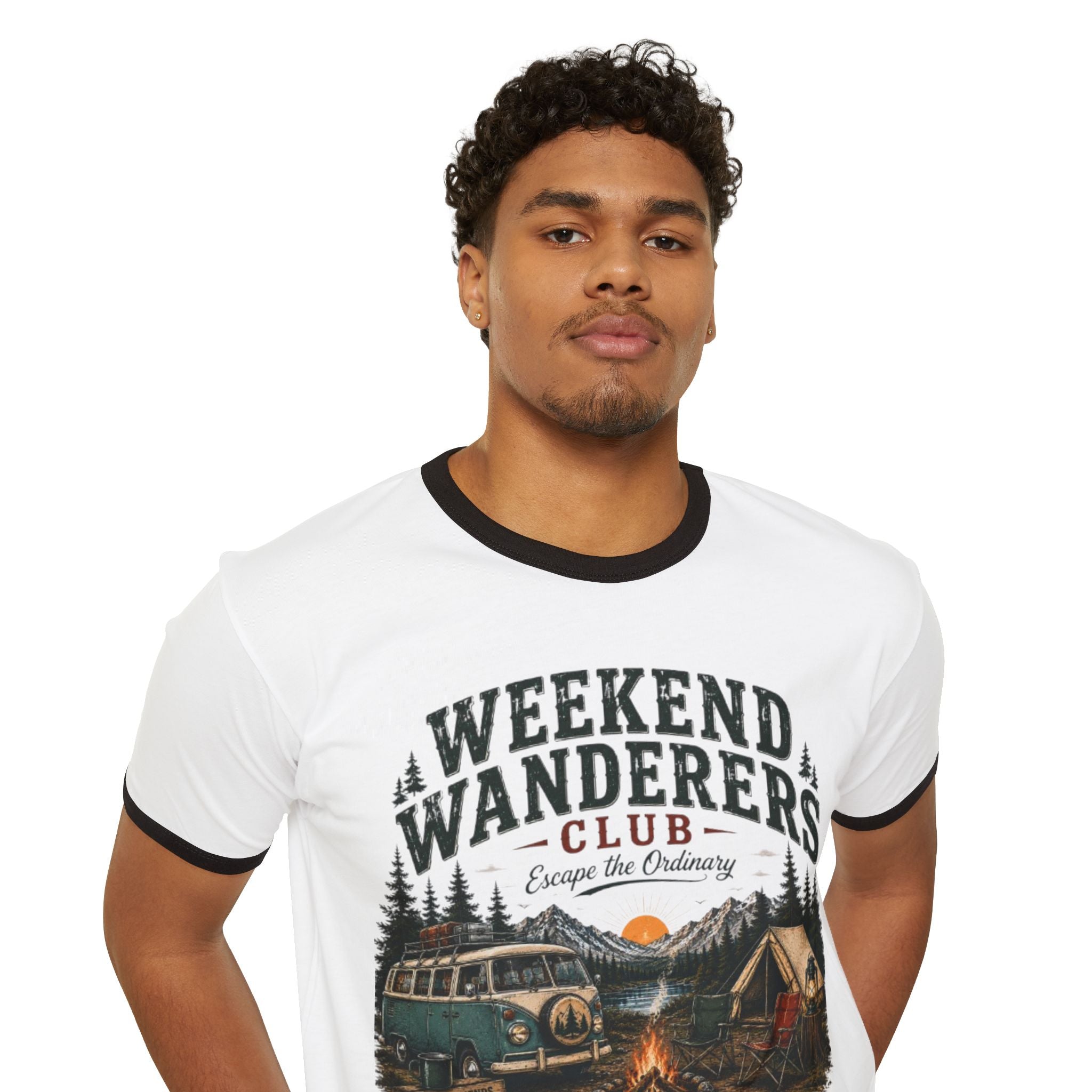 Weekend Wanderers Club Ringer Tee – Vintage Camping Van & Campfire T-Shirt