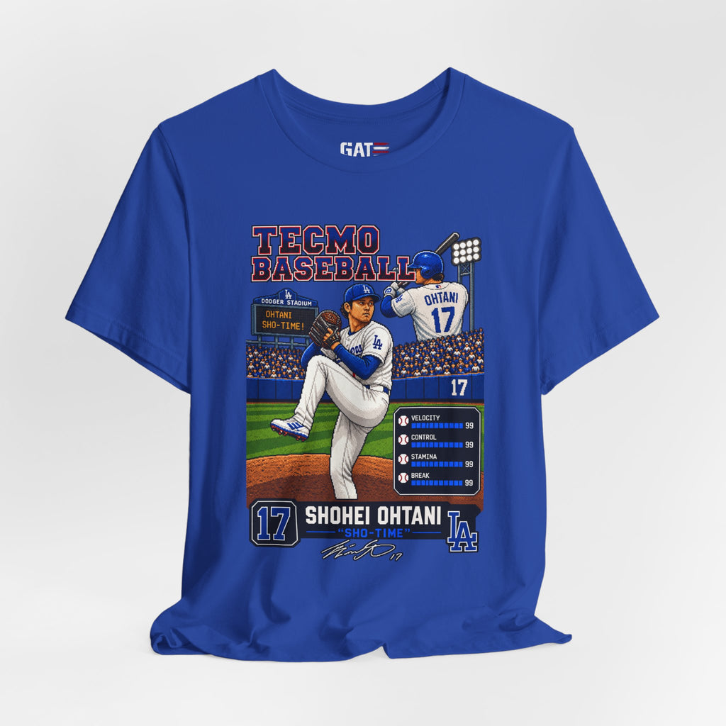 Shohei Ohtani Los Angeles Dodgers Retro Baseball Card Graphic Tee — 'Tecmo Baseball' Design