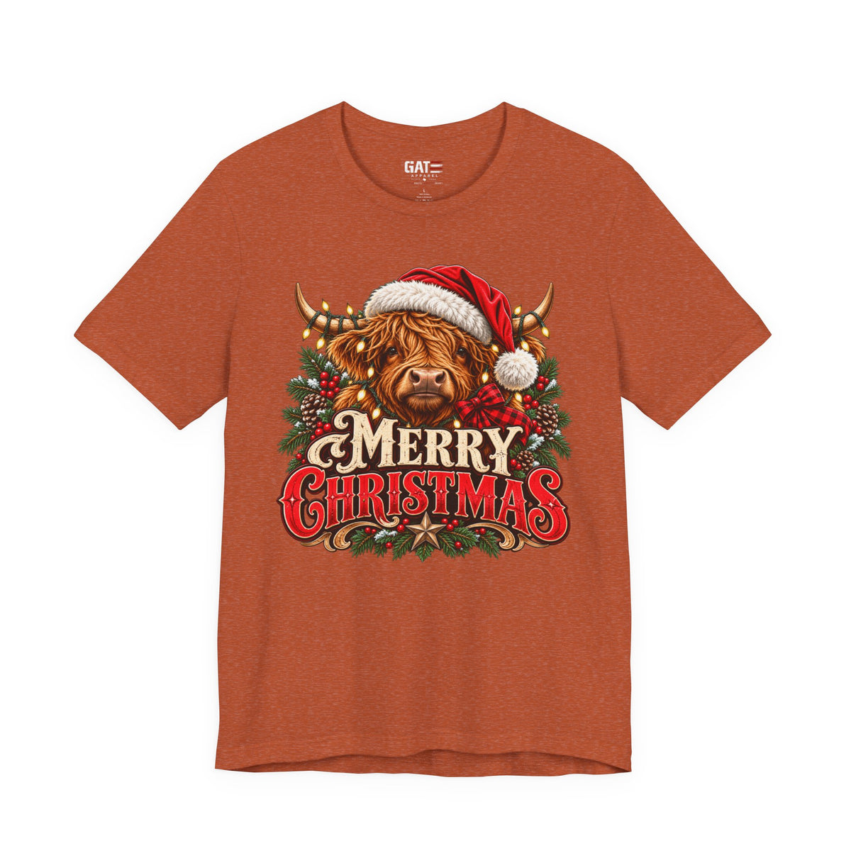 Highland cow Santa hat Merry Christmas graphic T-shirt, burnt orange front view