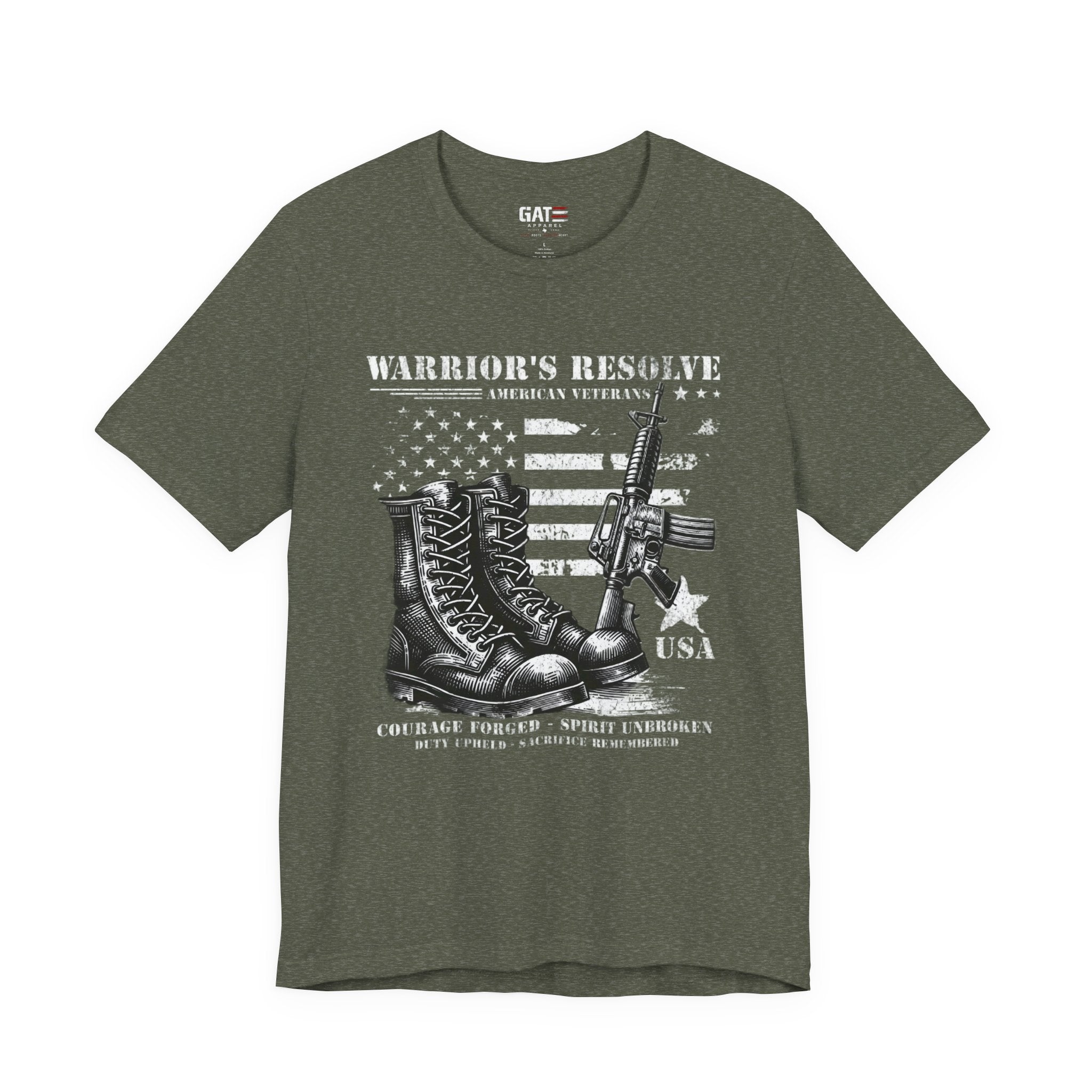 Warrior's Resolve Boots & Flag graphic Tee | Veteran USA Military Shirt