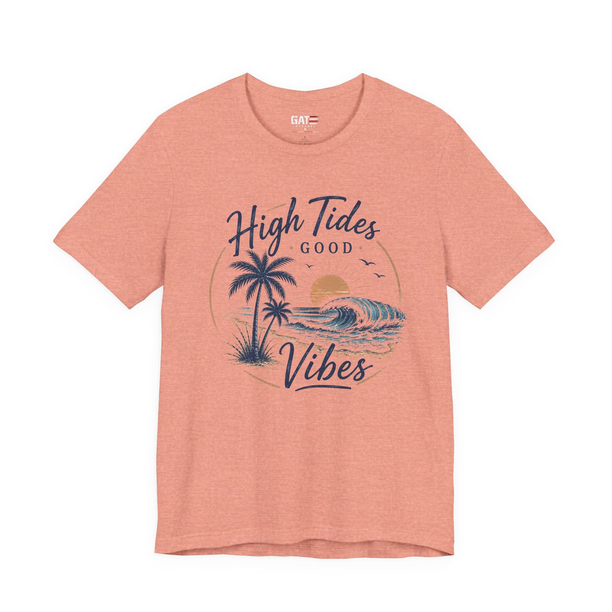 High Tides Good Vibes Beach T-Shirt — Sunset Palm Wave Graphic Tee