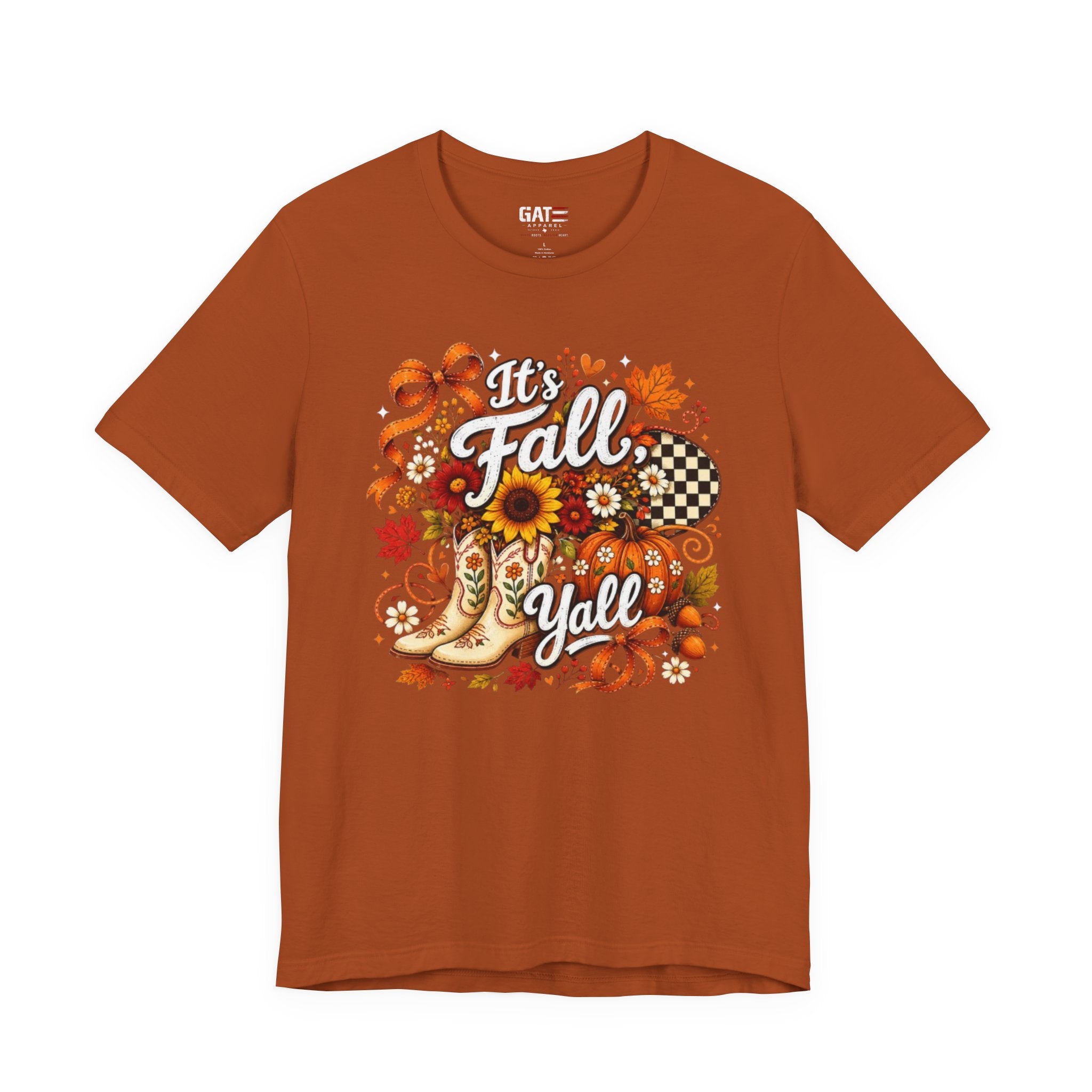 Fall Y'all Tee — Autumn Boots, Sunflowers & Plaid Graphic T-Shirt