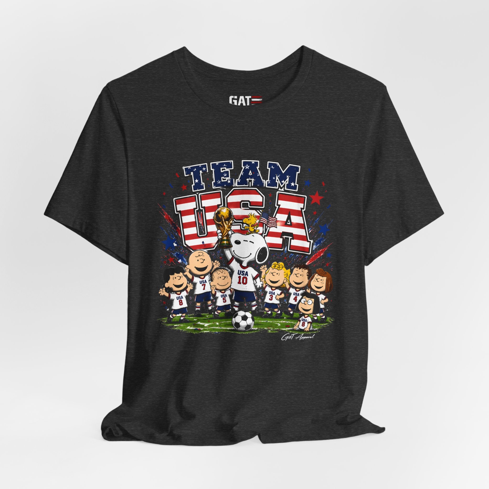 Team USA Soccer Peanuts Gang Shirt Patriotic Snoopy & Friends World Cup Celebration Tee