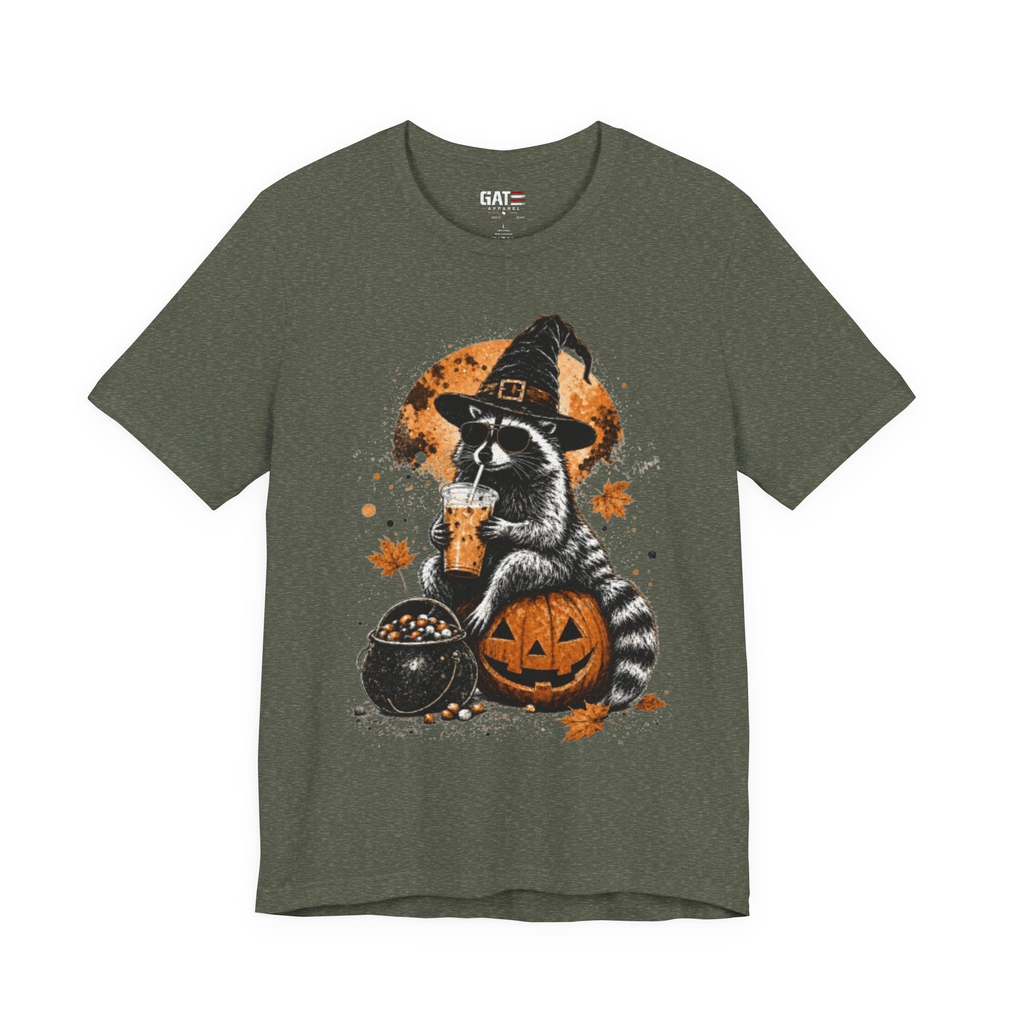 Halloween Raccoon Witch T-Shirt — Pumpkin & Cauldron Spooky Tee