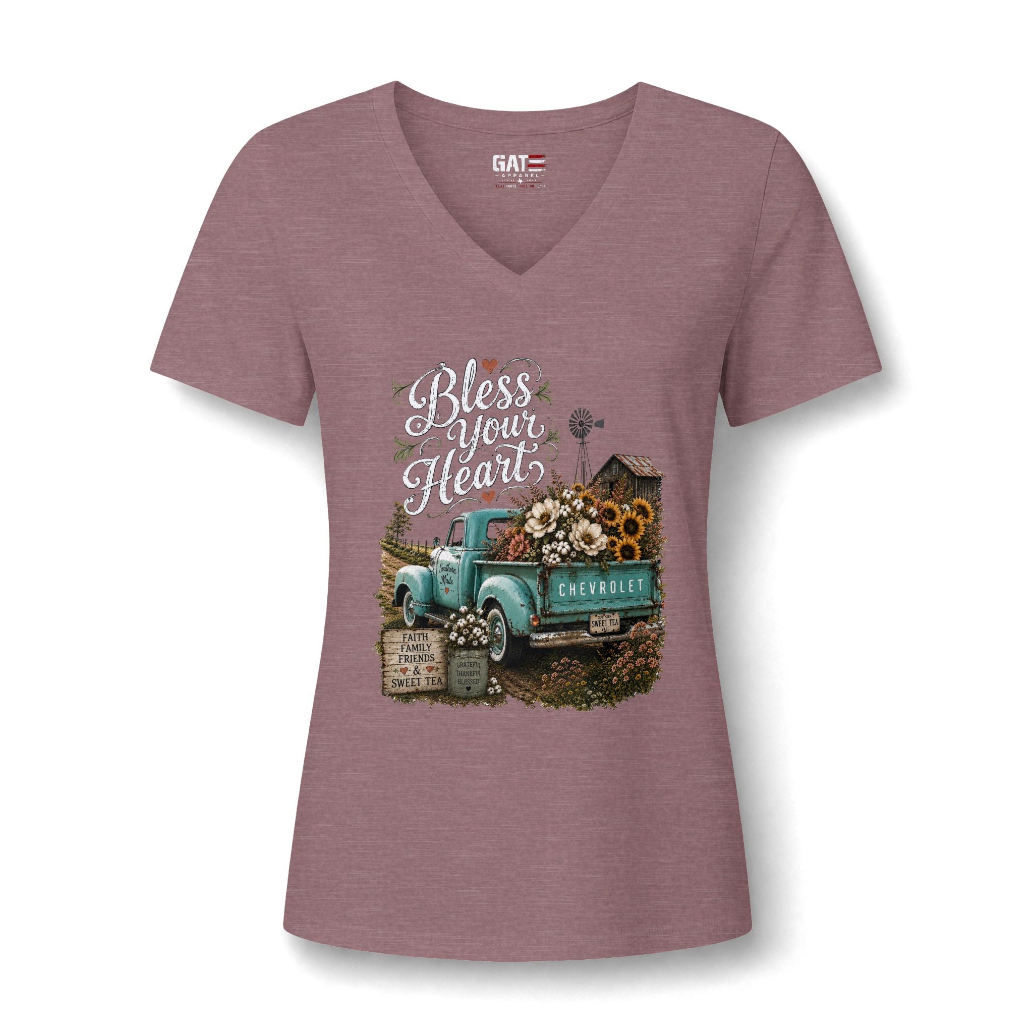 Vintage Blue Truck Sunflower V-Neck Tee — Farmhouse Floral Women's Shirt